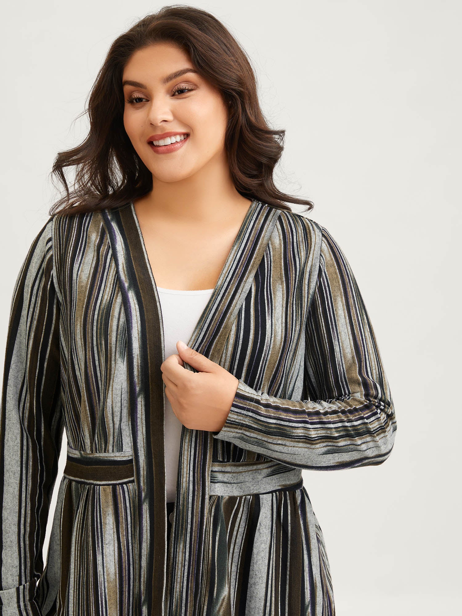Colored Striped Open Front Waist Defining Jacket - Image 3