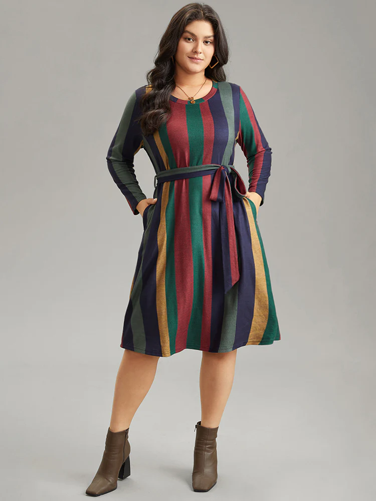 Colored Striped Pocket Belted Long Sleeve Dress - Image 2