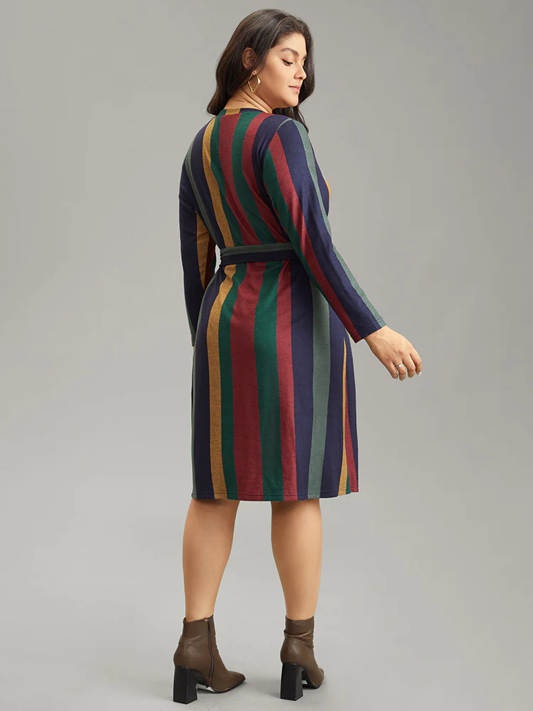 Colored Striped Pocket Belted Long Sleeve Dress - Image 3
