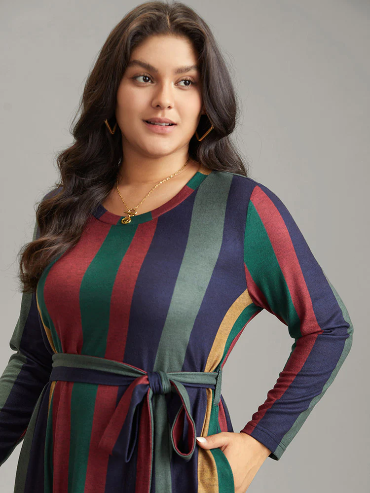 Colored Striped Pocket Belted Long Sleeve Dress - Image 4