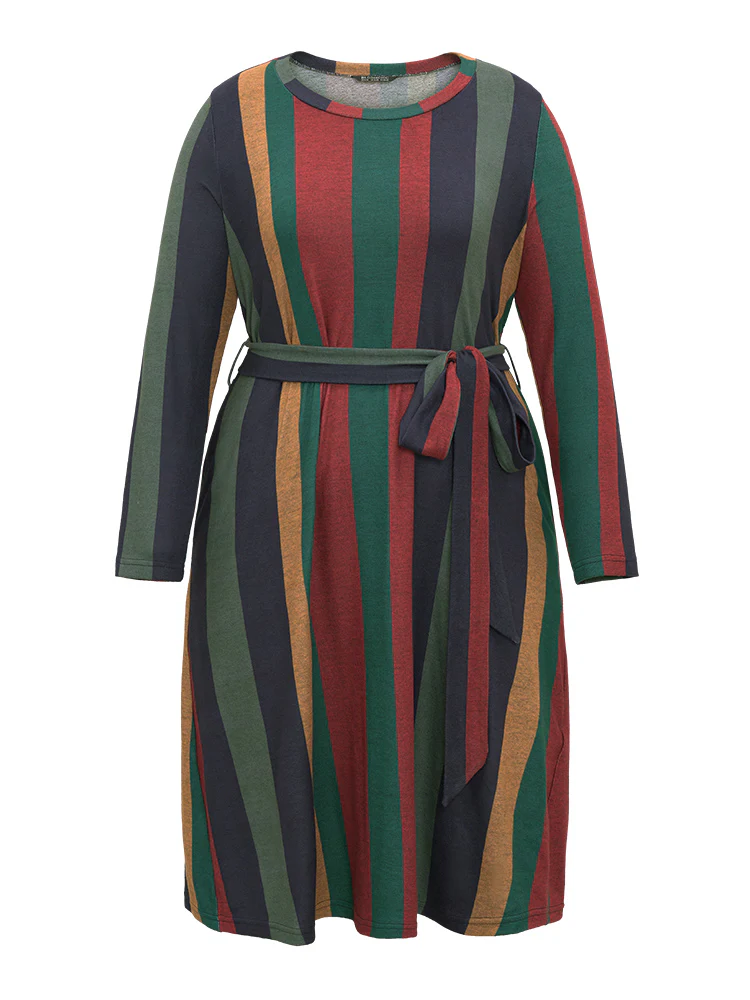 Colored Striped Pocket Belted Long Sleeve Dress - Image 5