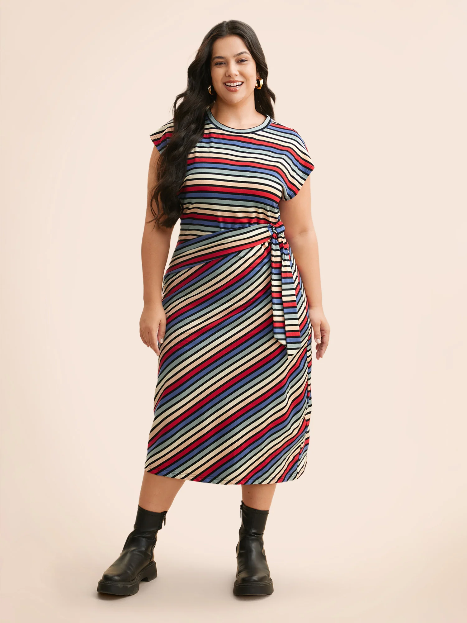 Colored Striped Tie Knot Cap Sleeve Dress