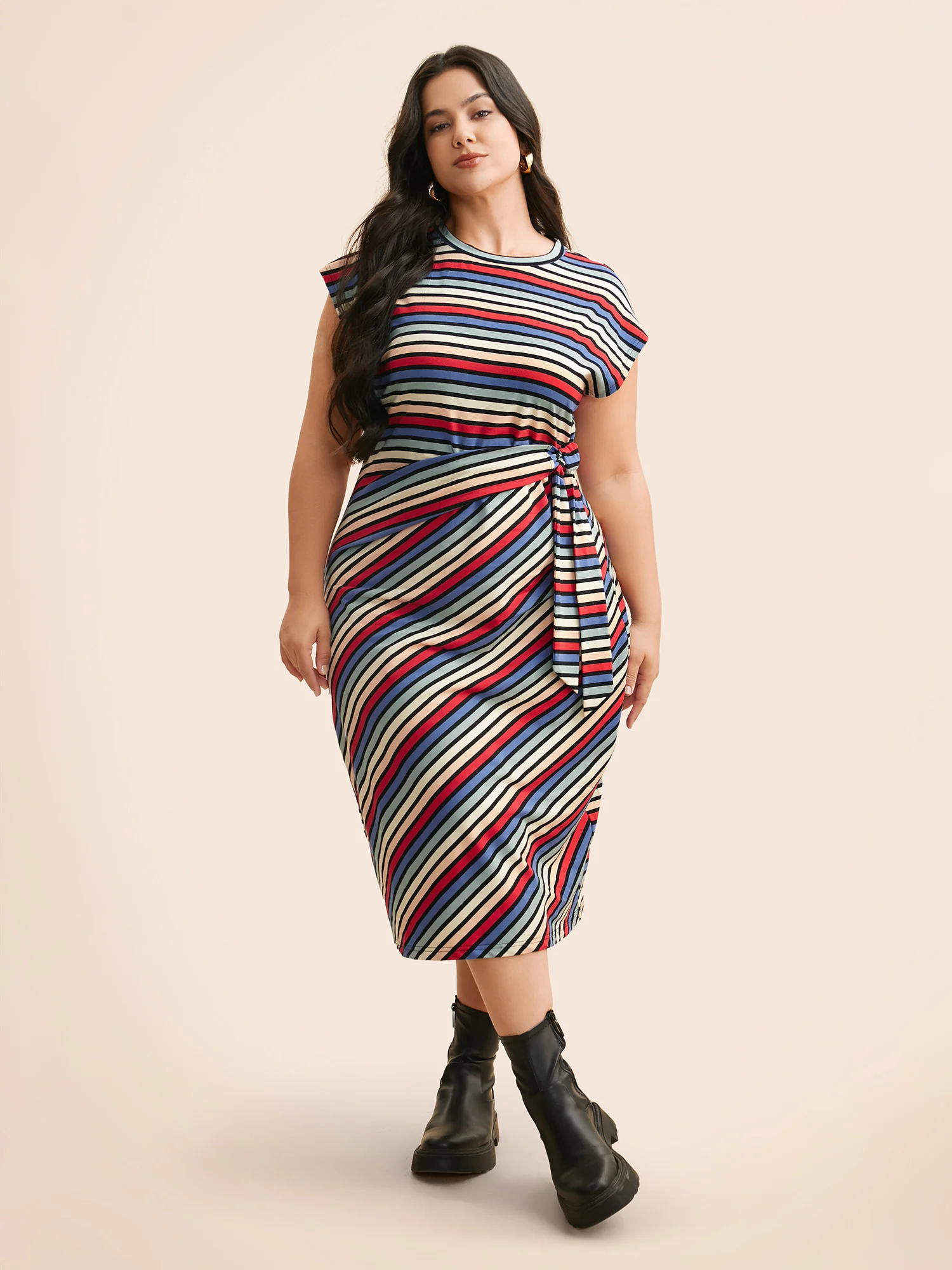 Colored Striped Tie Knot Cap Sleeve Dress - Image 2