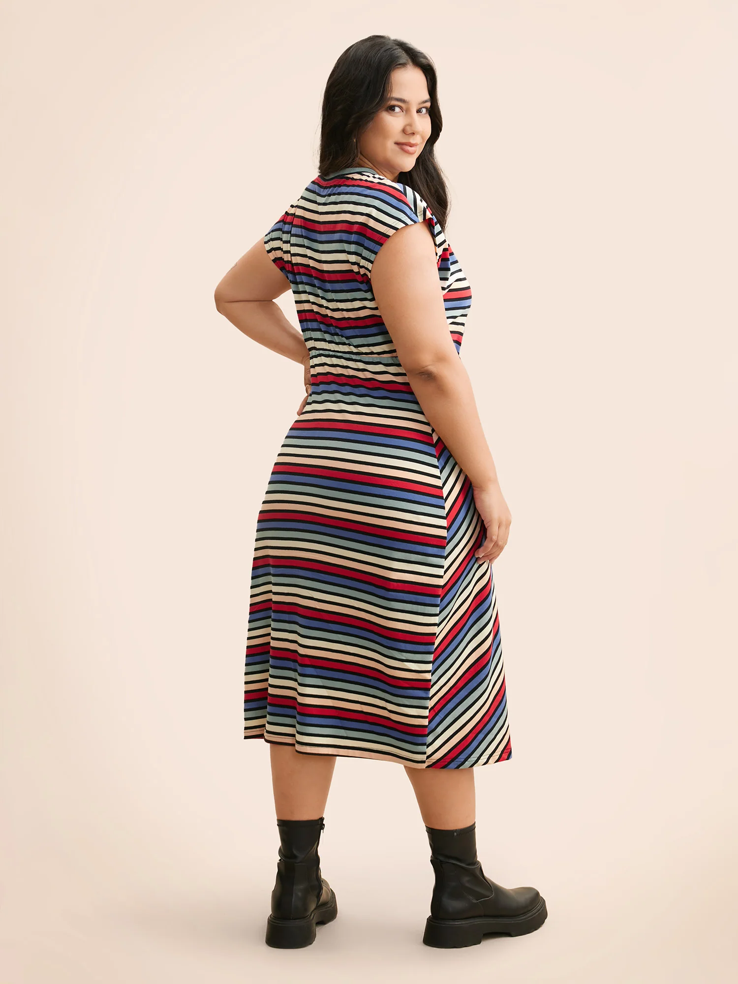 Colored Striped Tie Knot Cap Sleeve Dress - Image 3