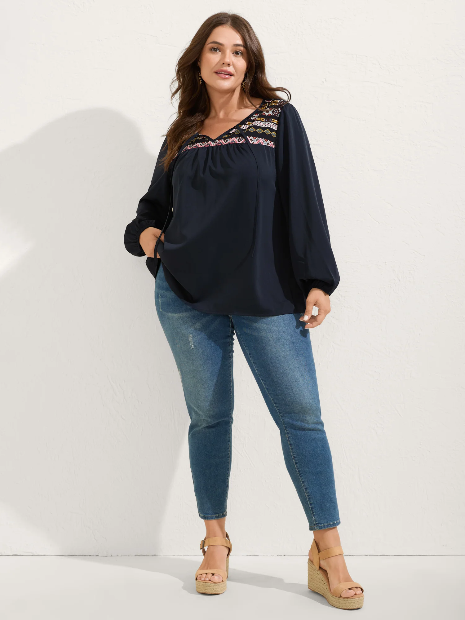 Colorful Boho Neck-Tie Puffy Sleeve Blouse - Image 3