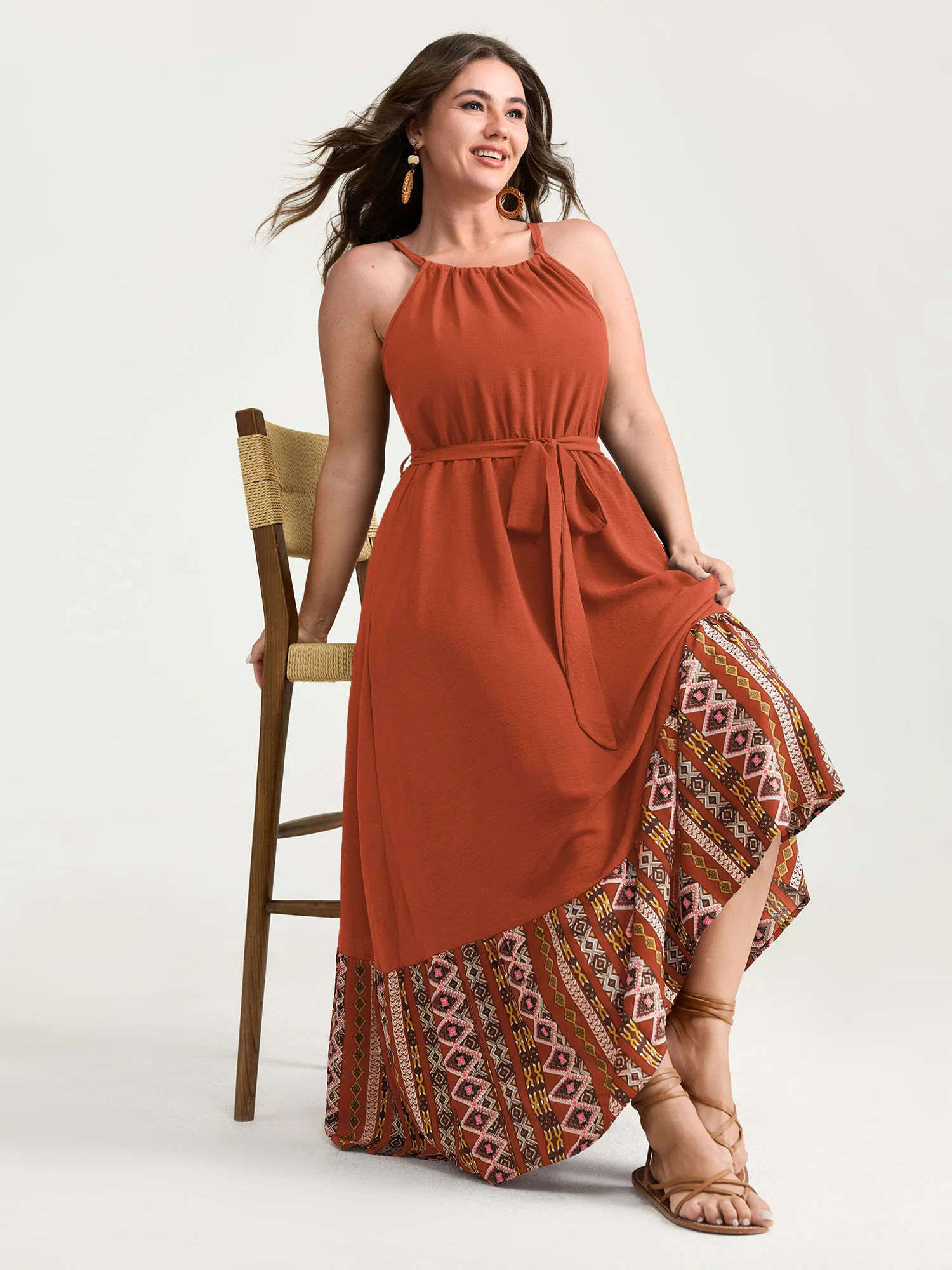 Colorful Boho Striped Hem Halter Neck Maxi Dress - Image 8