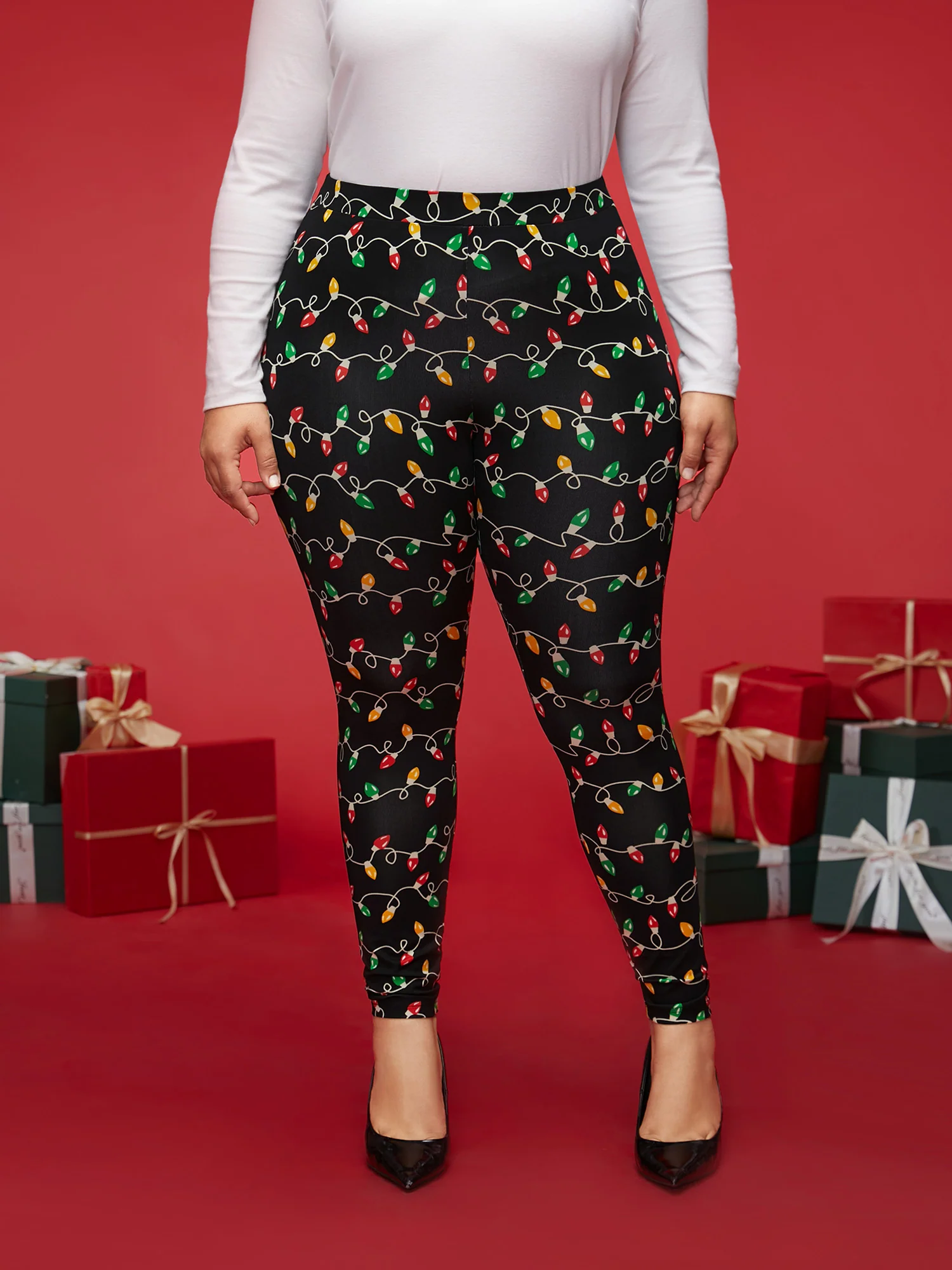Colorful Bulb Print Festive Leggings - Image 4