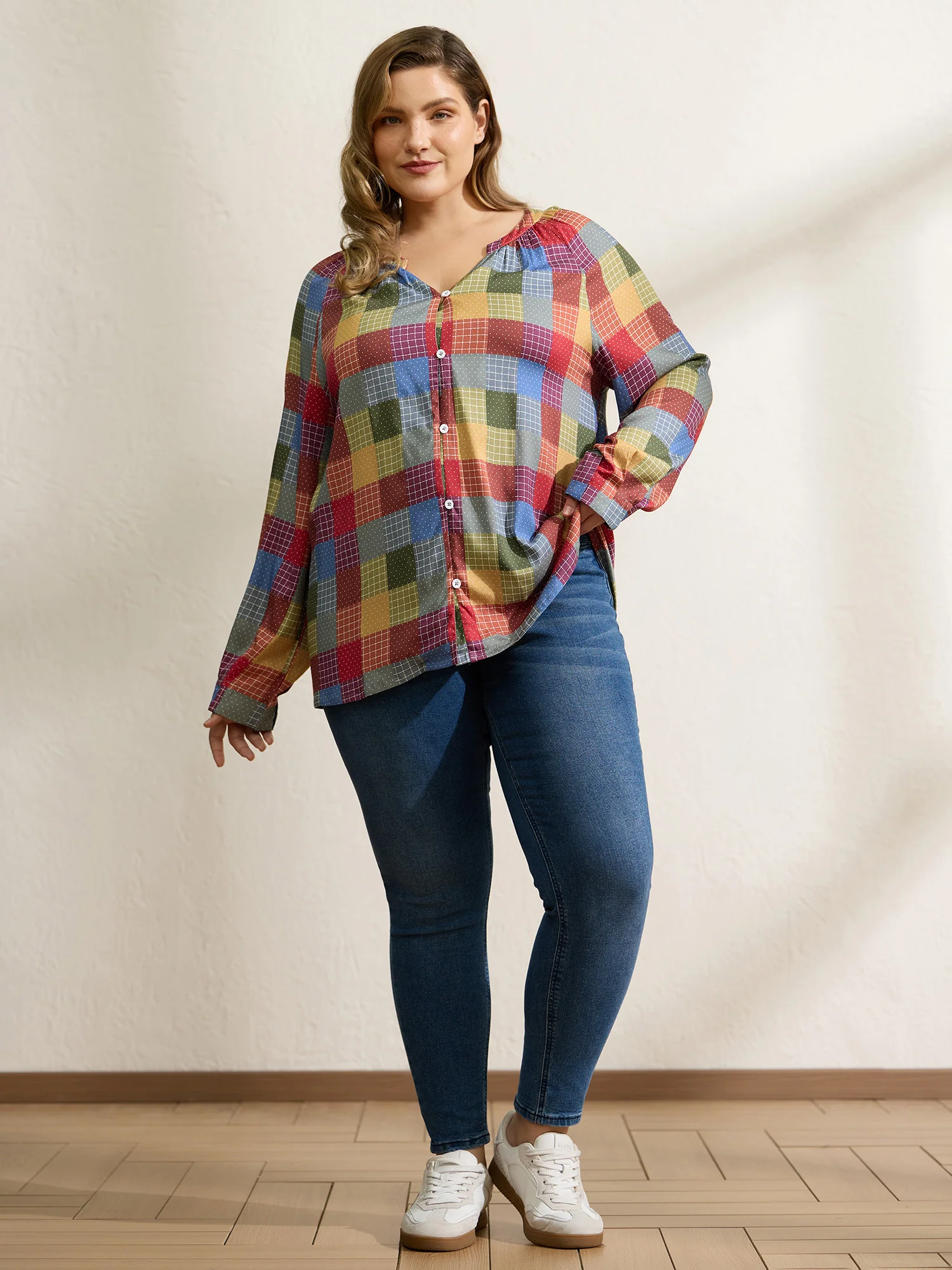 Colorful Check Print Button Relaxed-Fit Blouse - Image 3