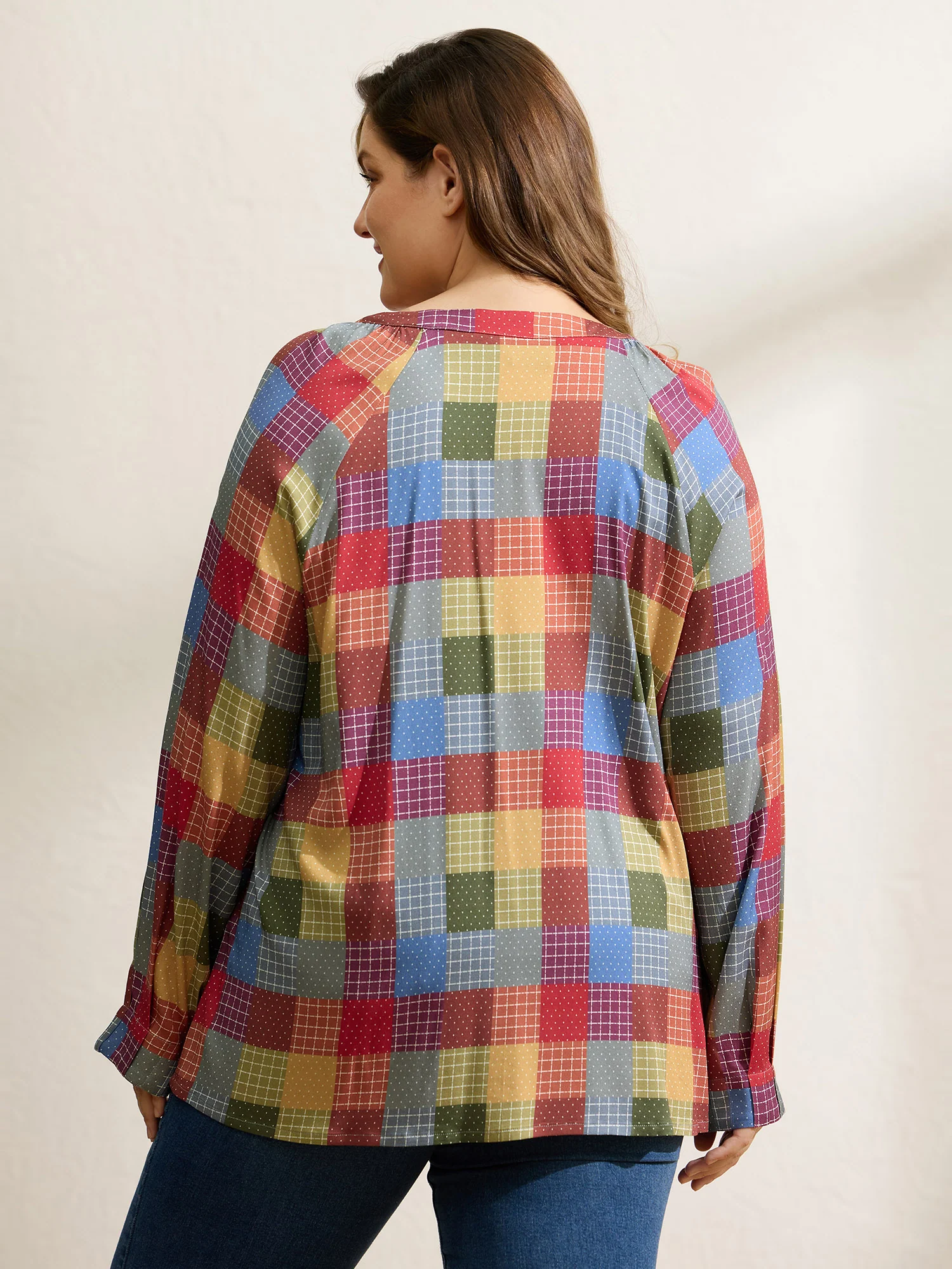 Colorful Check Print Button Relaxed-Fit Blouse - Image 4