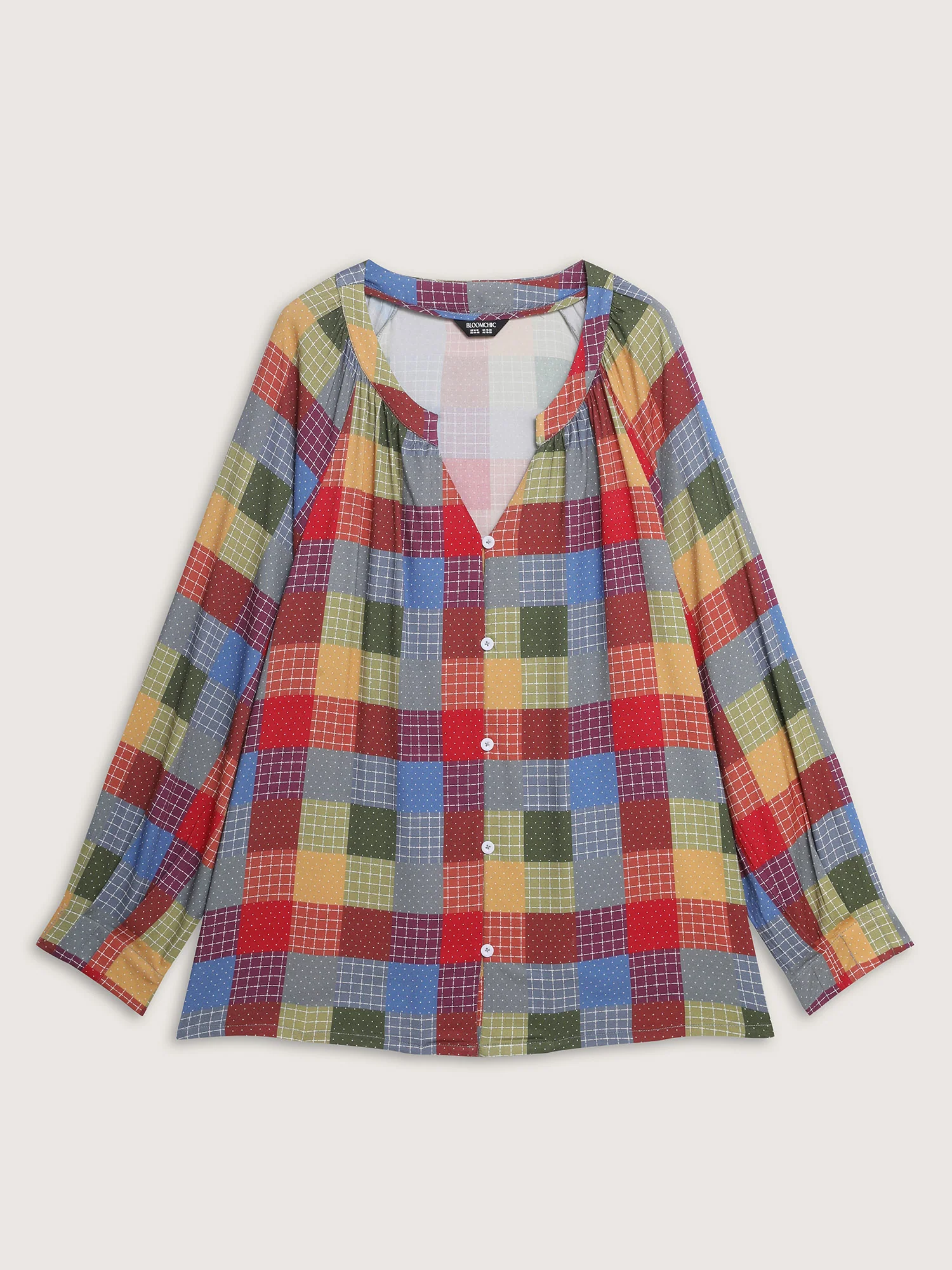 Colorful Check Print Button Relaxed-Fit Blouse - Image 7