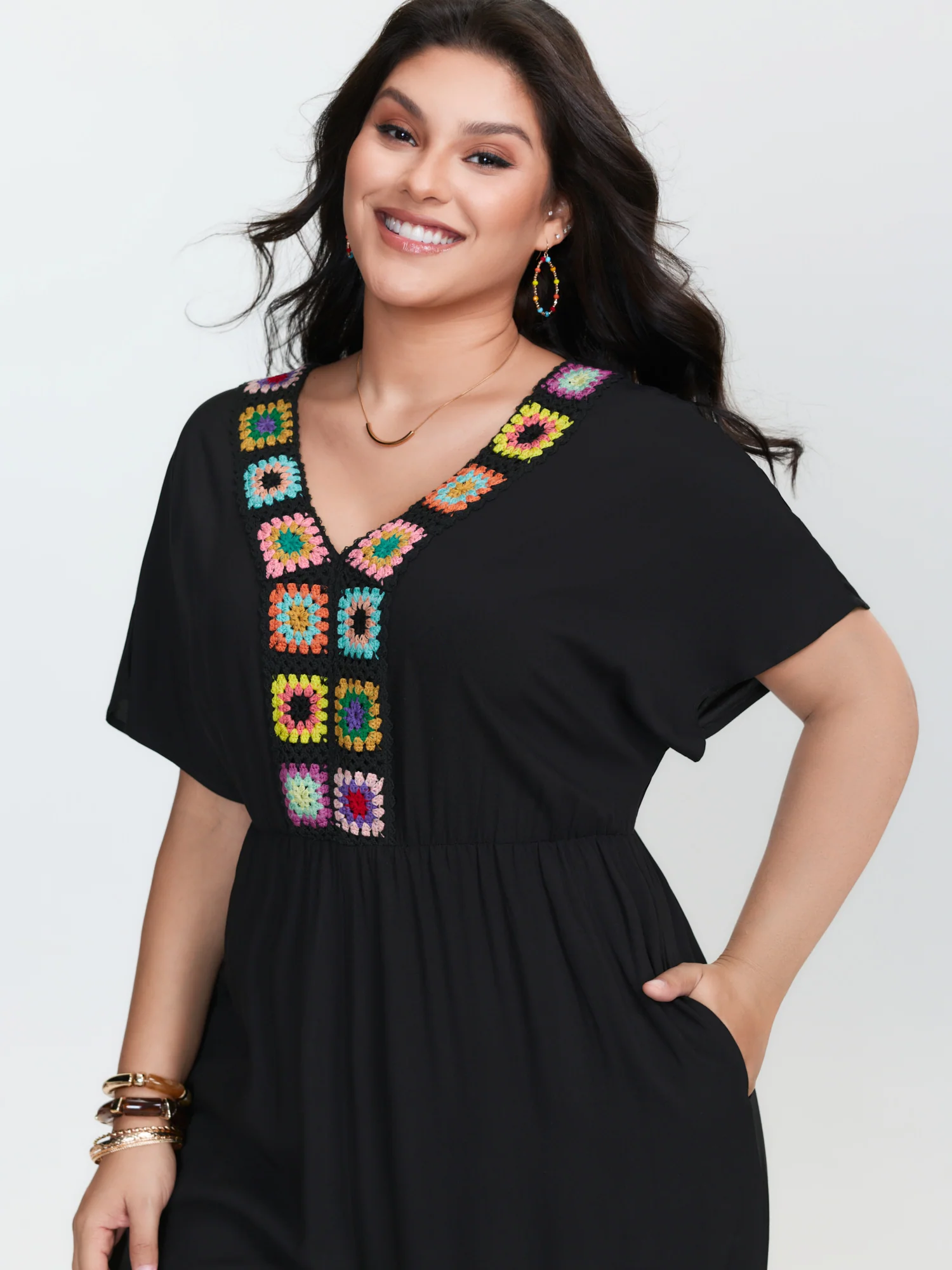 Colorful Crochet Neckline Plain Jumpsuit - Image 2