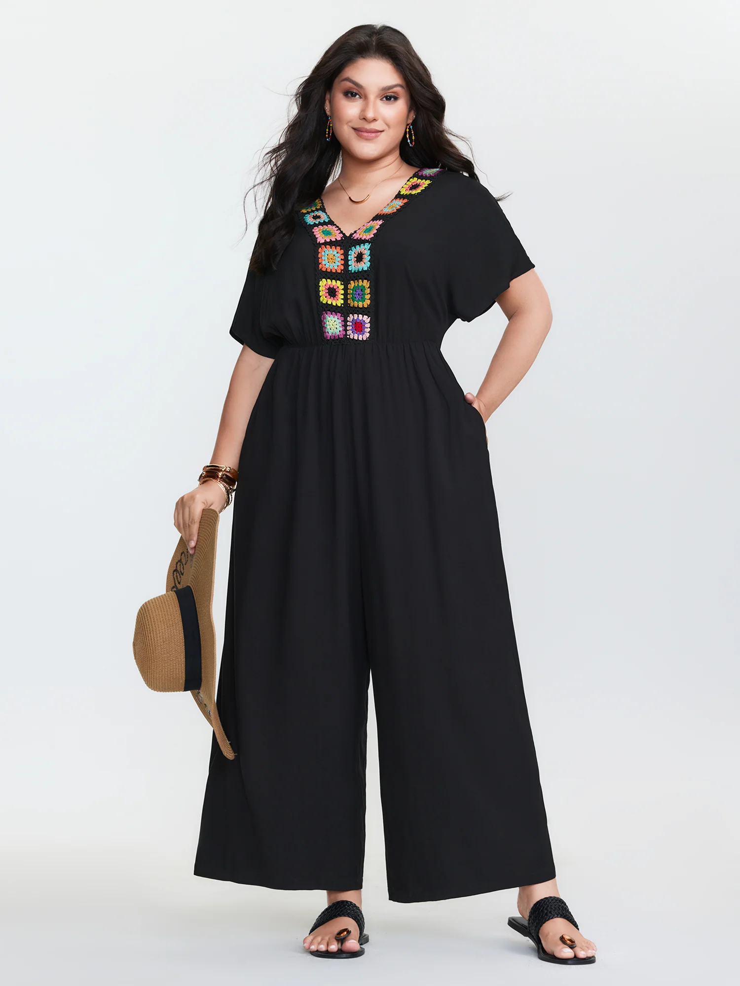 Colorful Crochet Neckline Plain Jumpsuit - Image 3
