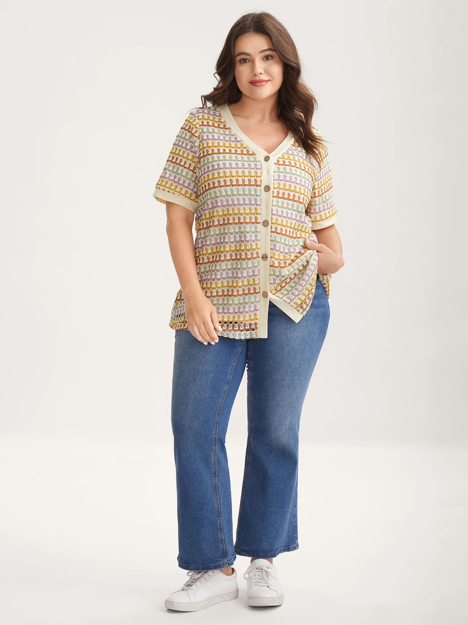 Colorful Crochet Stretchy Button T-Shirt - Image 4