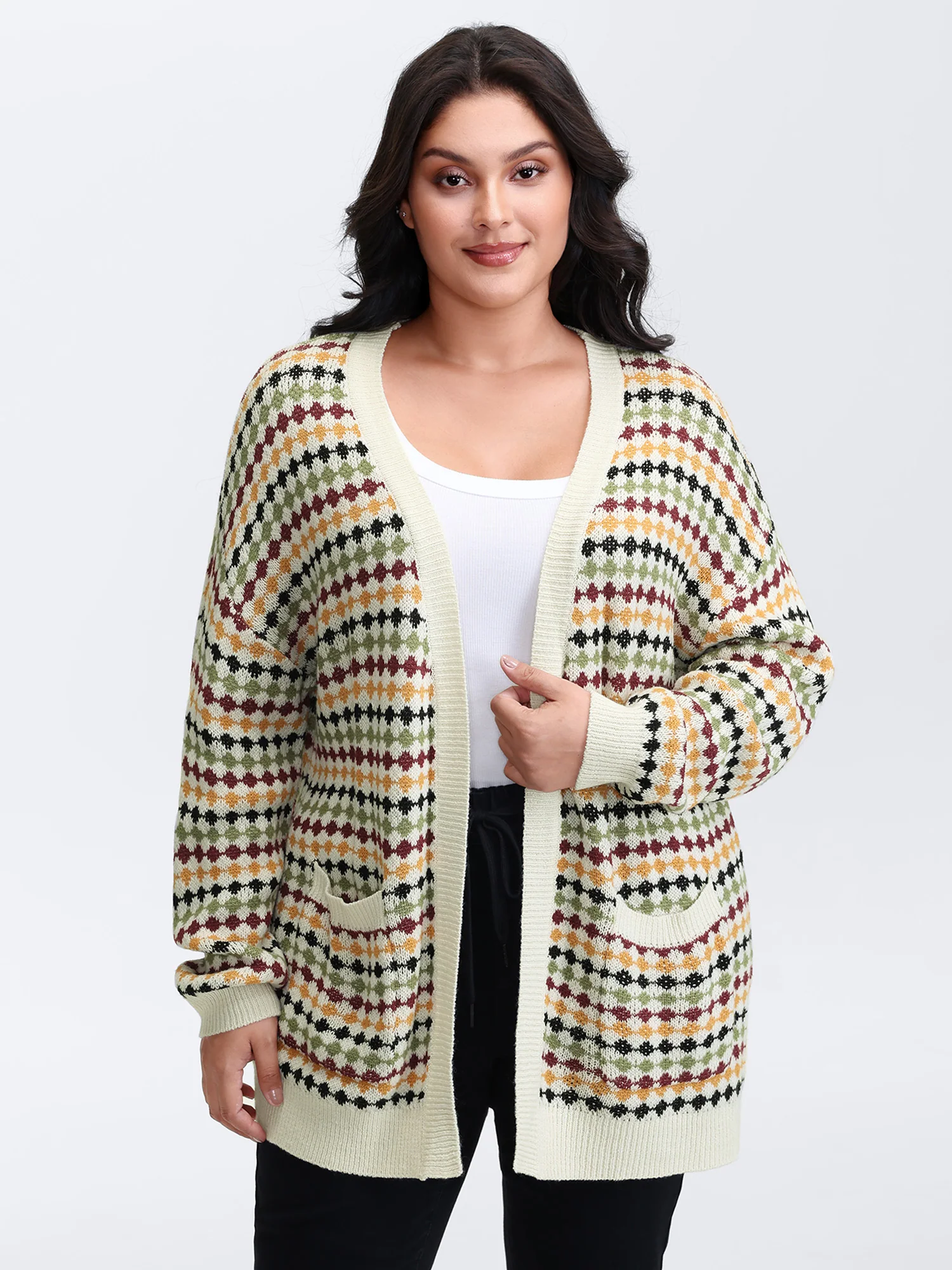 Colorful Dots Open-Front Pockets Knit Cardigan - Image 2