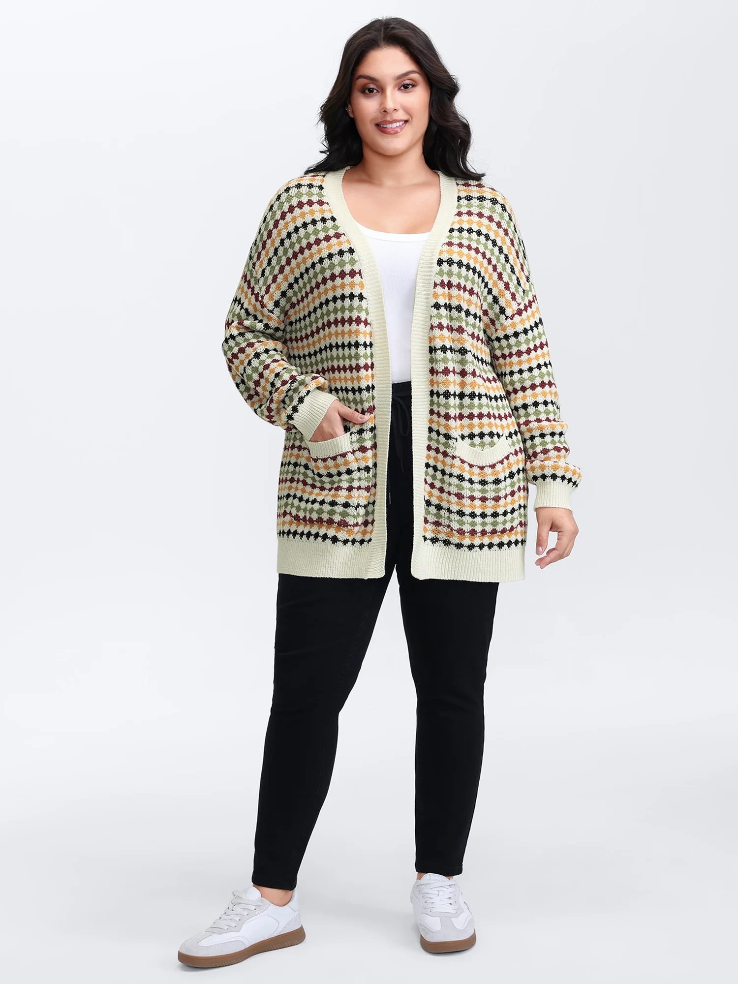 Colorful Dots Open-Front Pockets Knit Cardigan - Image 3