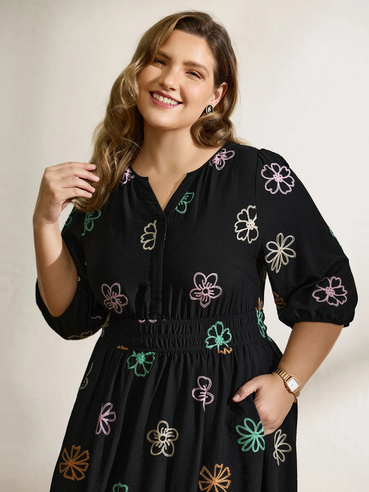 Colorful Embroidered Waist-Defining Midi Dress - Image 2