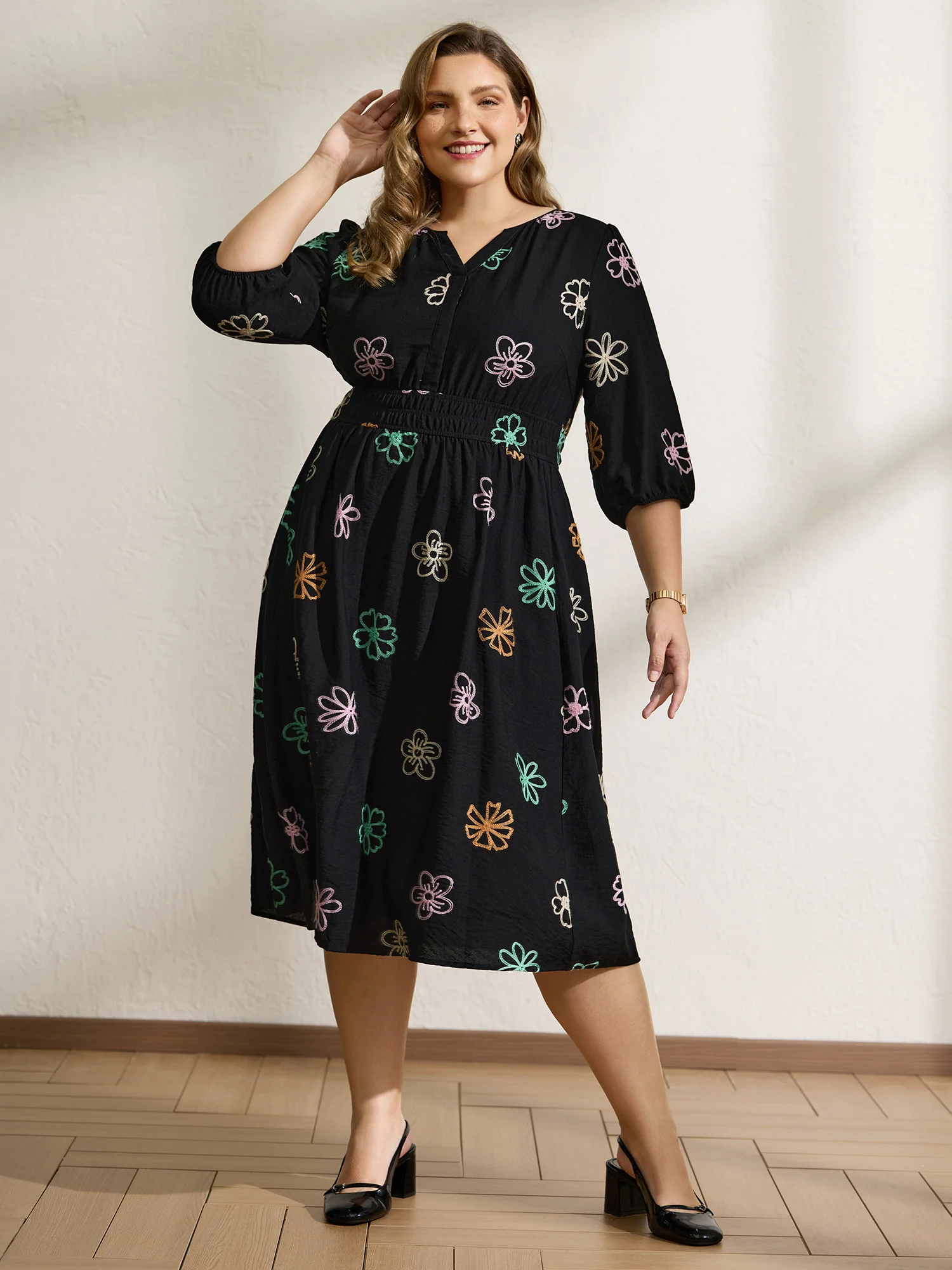 Colorful Embroidered Waist-Defining Midi Dress - Image 3