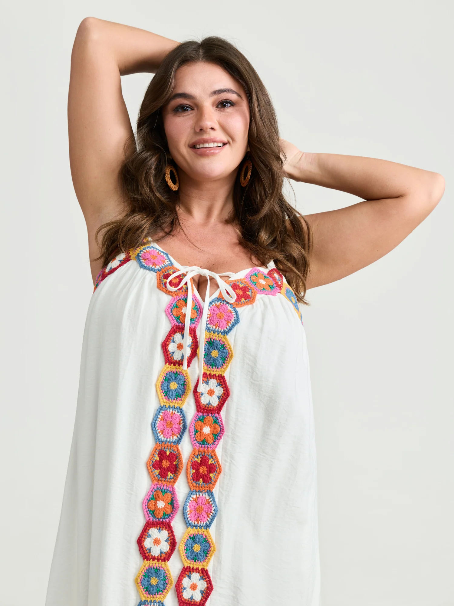 Colorful Floral Crochet Front Cami Midi Dress - Image 2