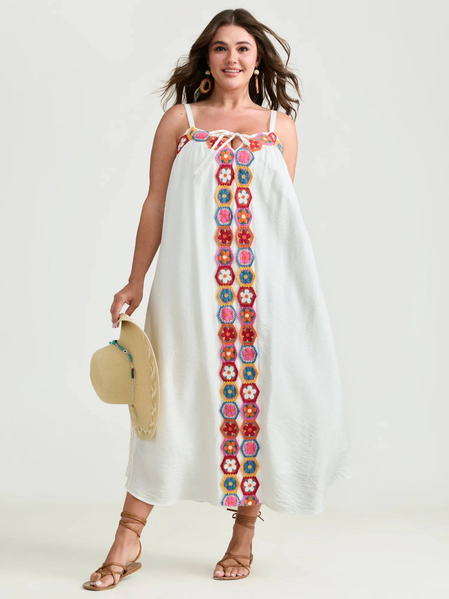 Colorful Floral Crochet Front Cami Midi Dress - Image 3