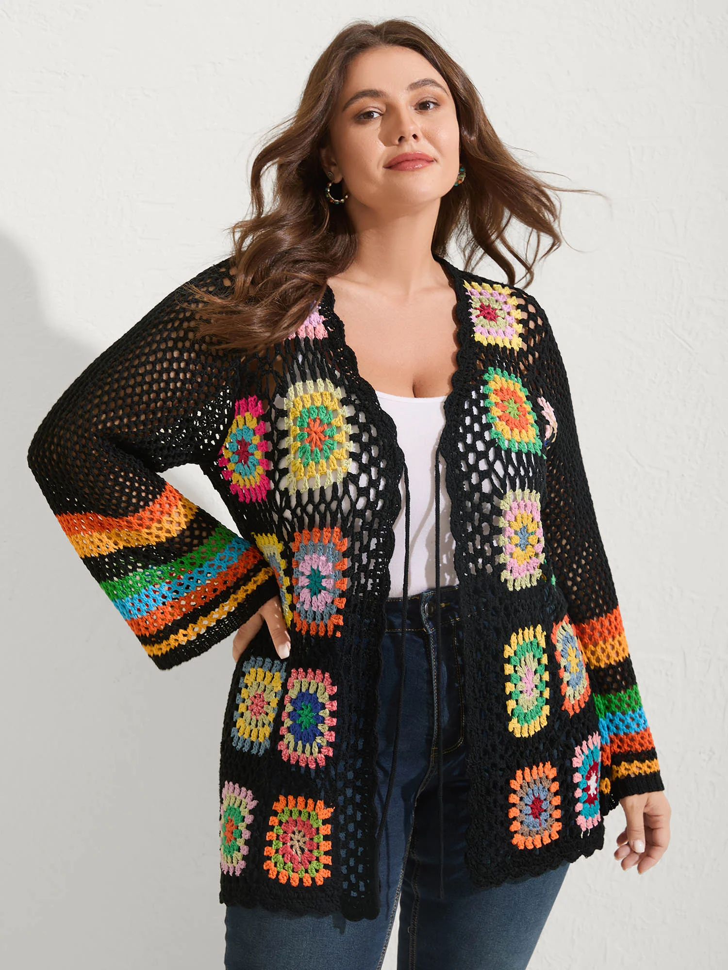 Colorful Floral Crochet Tie Knit Cardigan - Image 2