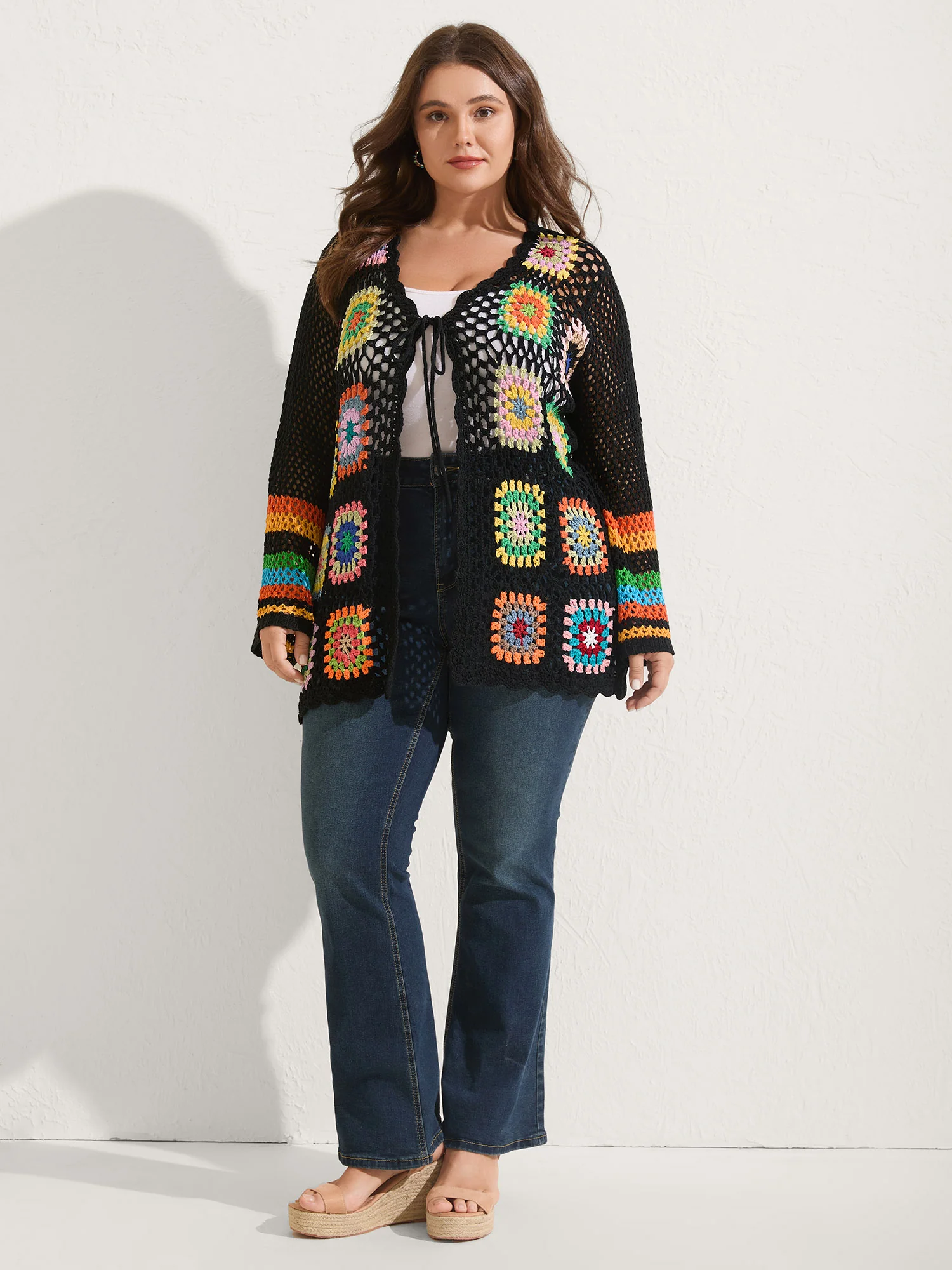 Colorful Floral Crochet Tie Knit Cardigan - Image 4