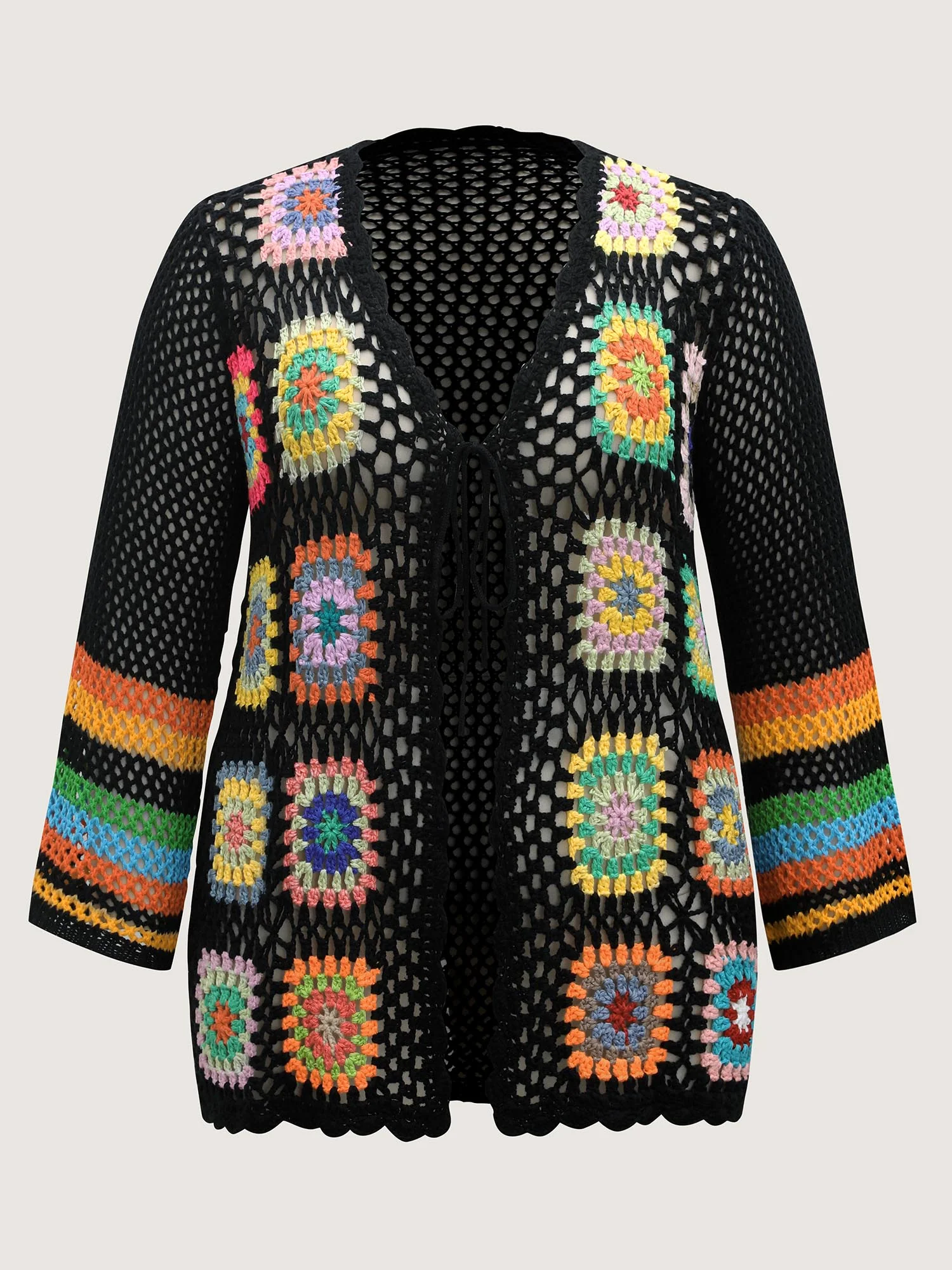 Colorful Floral Crochet Tie Knit Cardigan - Image 8