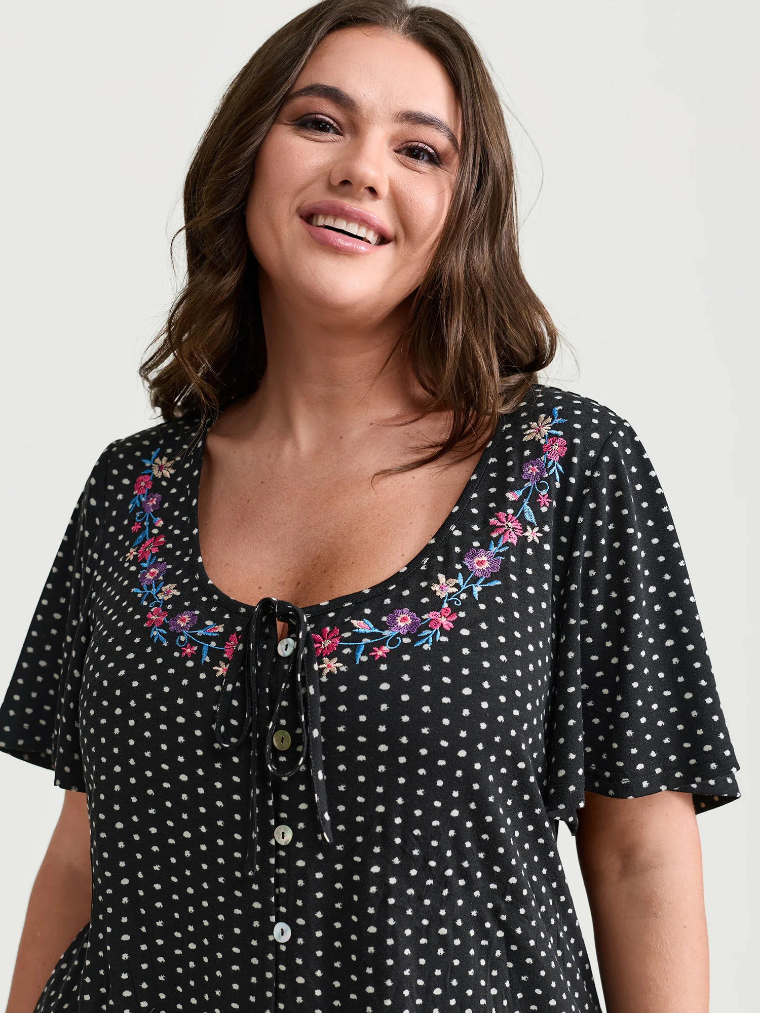 Colorful Floral Embroidered Neckline Polka Dot Top - Image 2