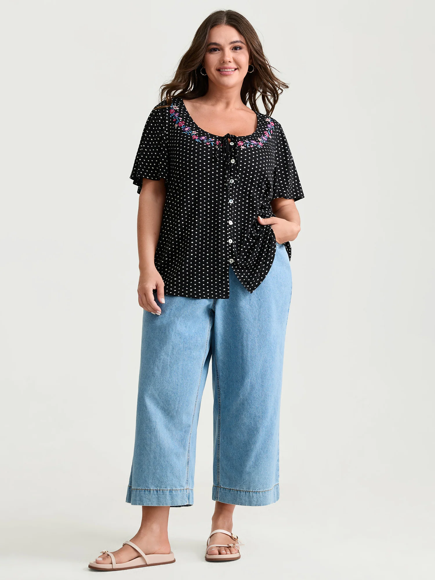 Colorful Floral Embroidered Neckline Polka Dot Top - Image 3