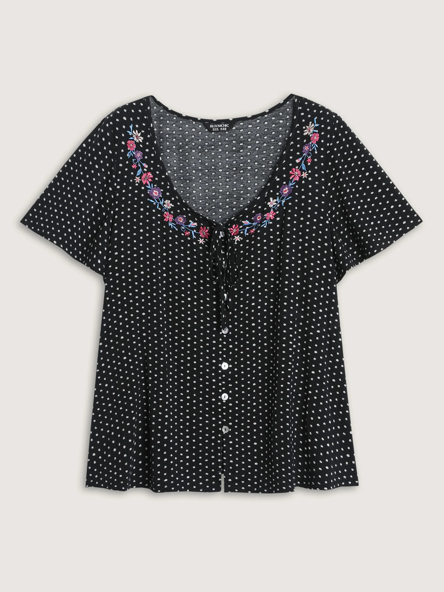 Colorful Floral Embroidered Neckline Polka Dot Top - Image 7