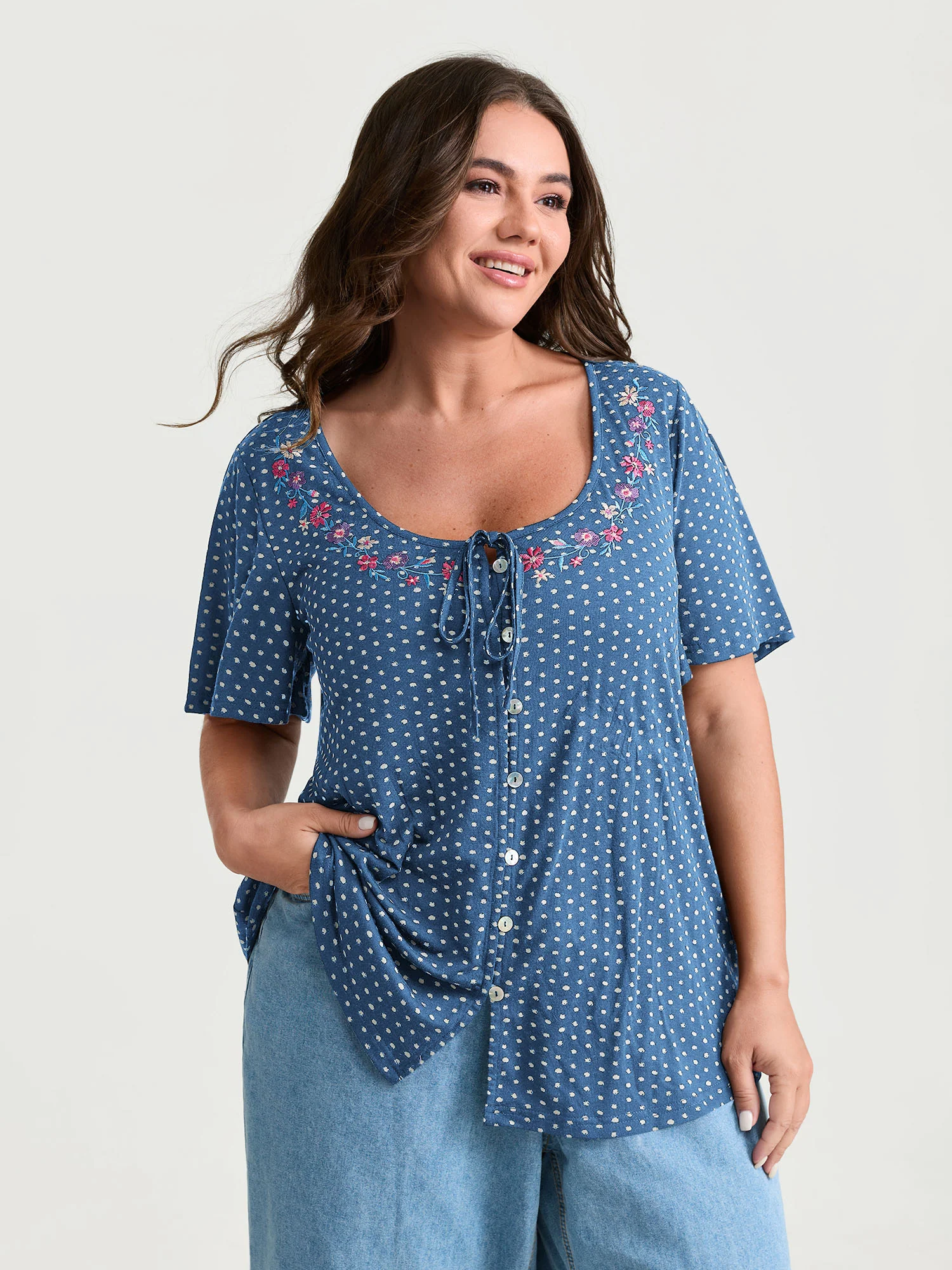 Colorful Floral Embroidered Neckline Polka Dot Top - Image 8