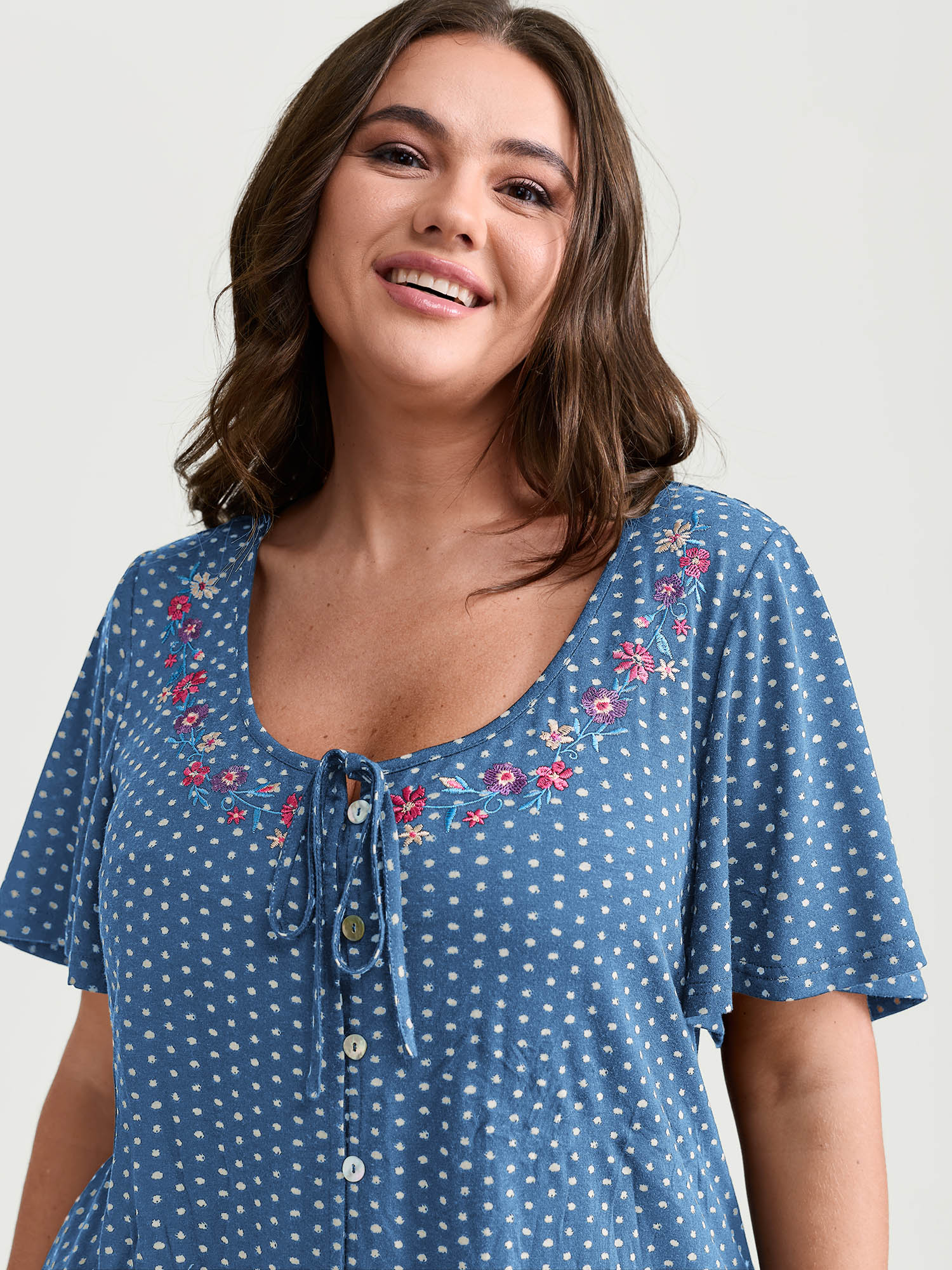 Colorful Floral Embroidered Neckline Polka Dot Top - Image 9