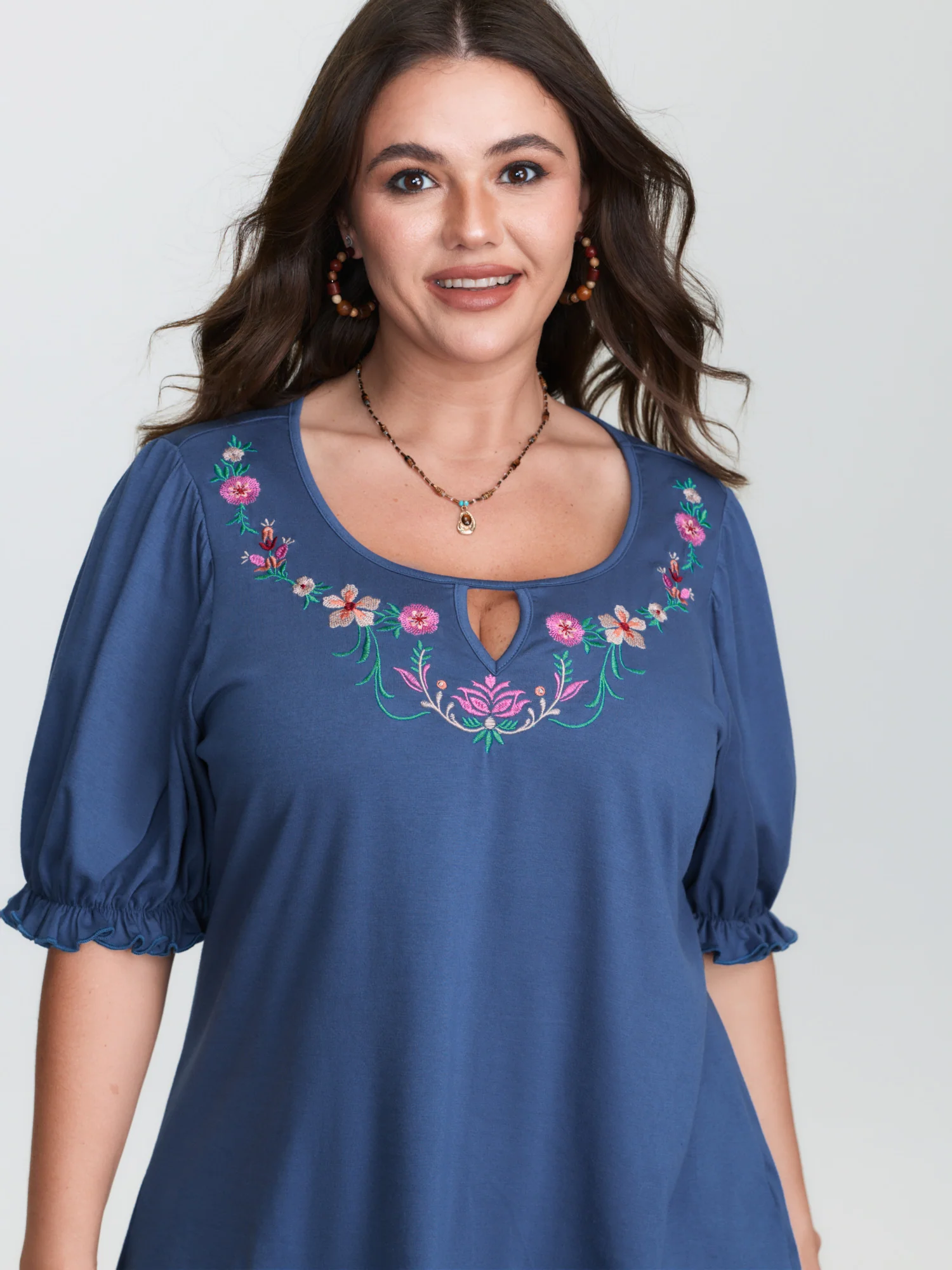 Colorful Floral Embroidered Neckline T-Shirt - Image 2