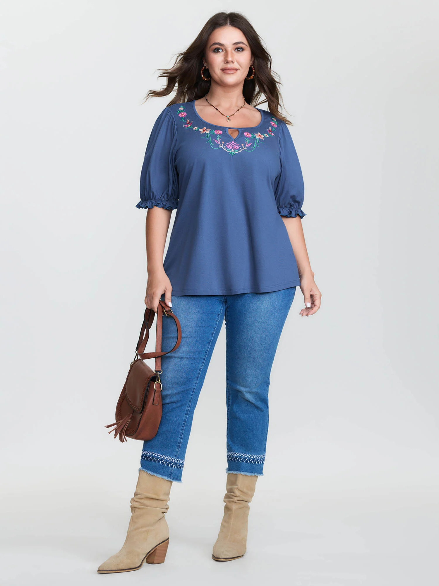 Colorful Floral Embroidered Neckline T-Shirt - Image 3