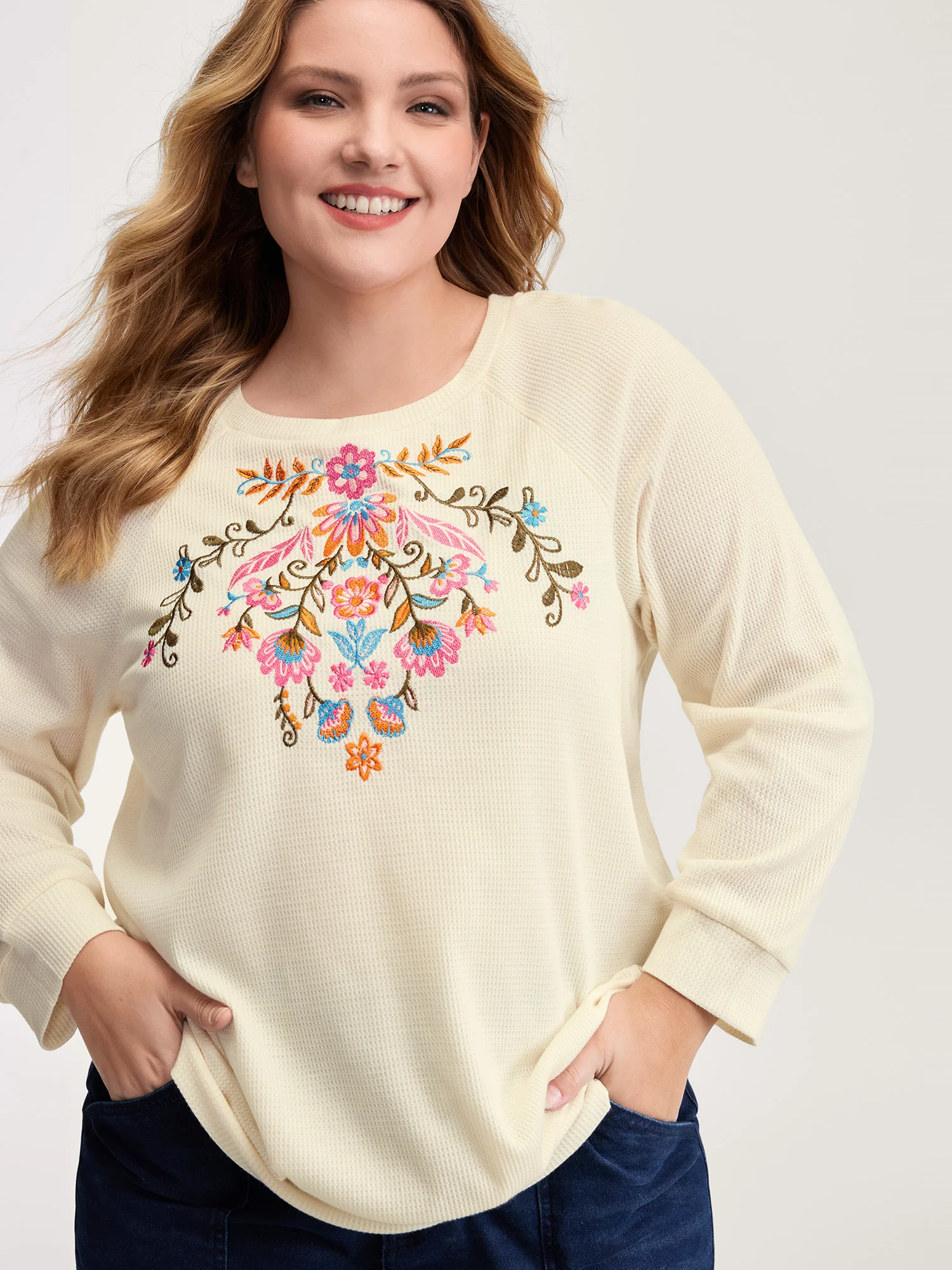 Colorful Floral Embroidery Anti-Abrasion Collar Sweatshirt - Image 2