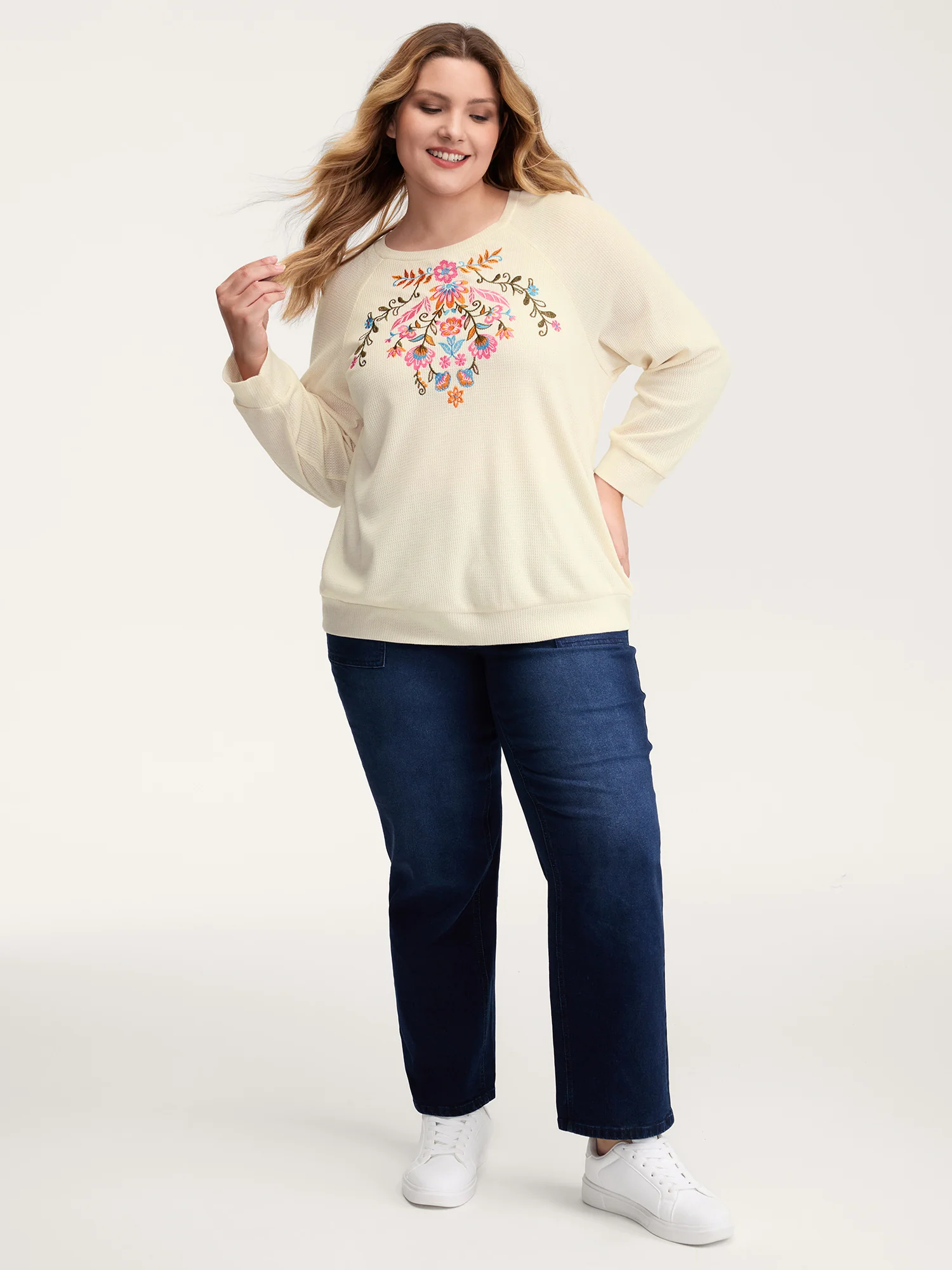 Colorful Floral Embroidery Anti-Abrasion Collar Sweatshirt - Image 3