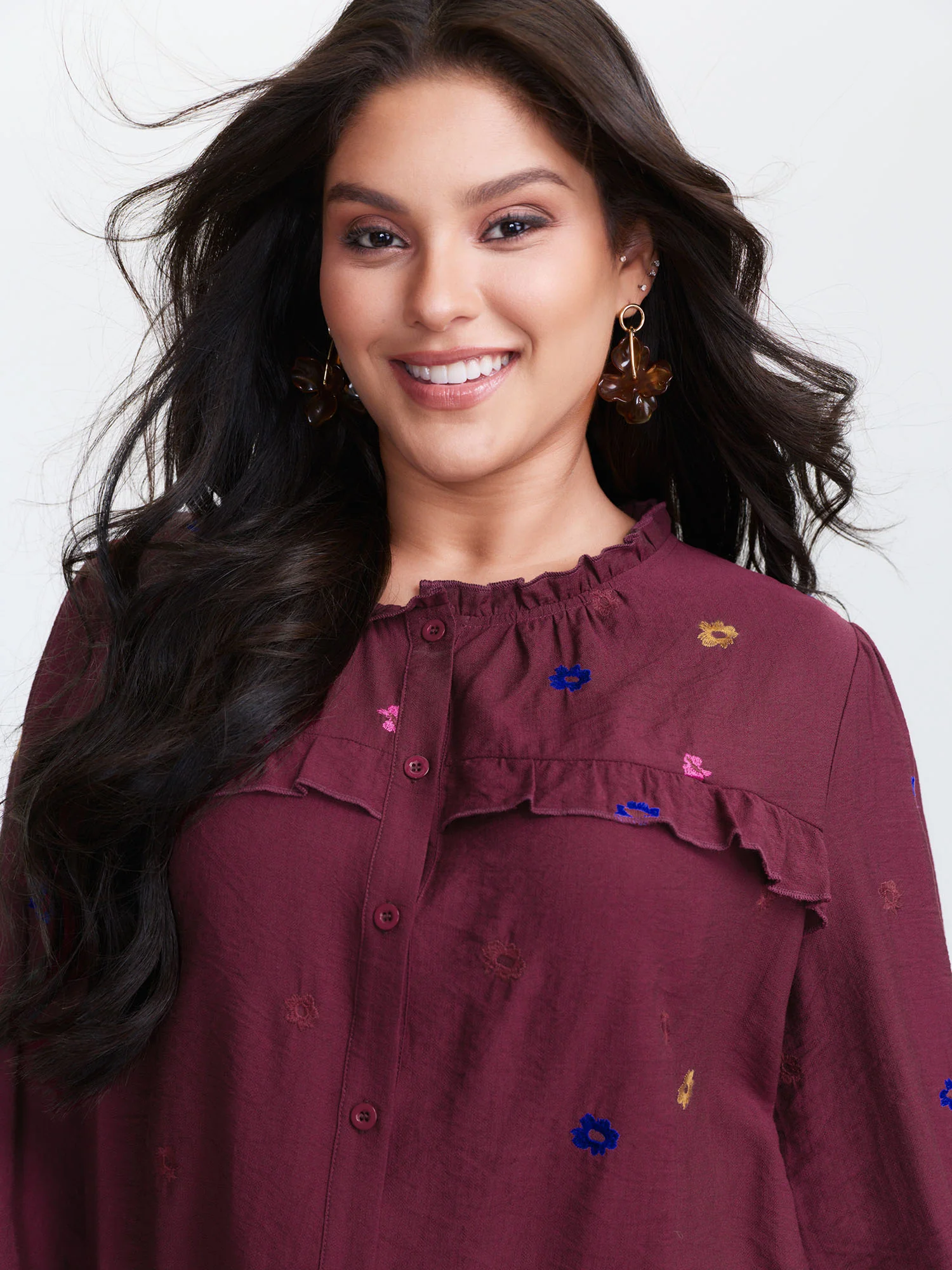 Colorful Floral Embroidery Button Shirt - Image 3