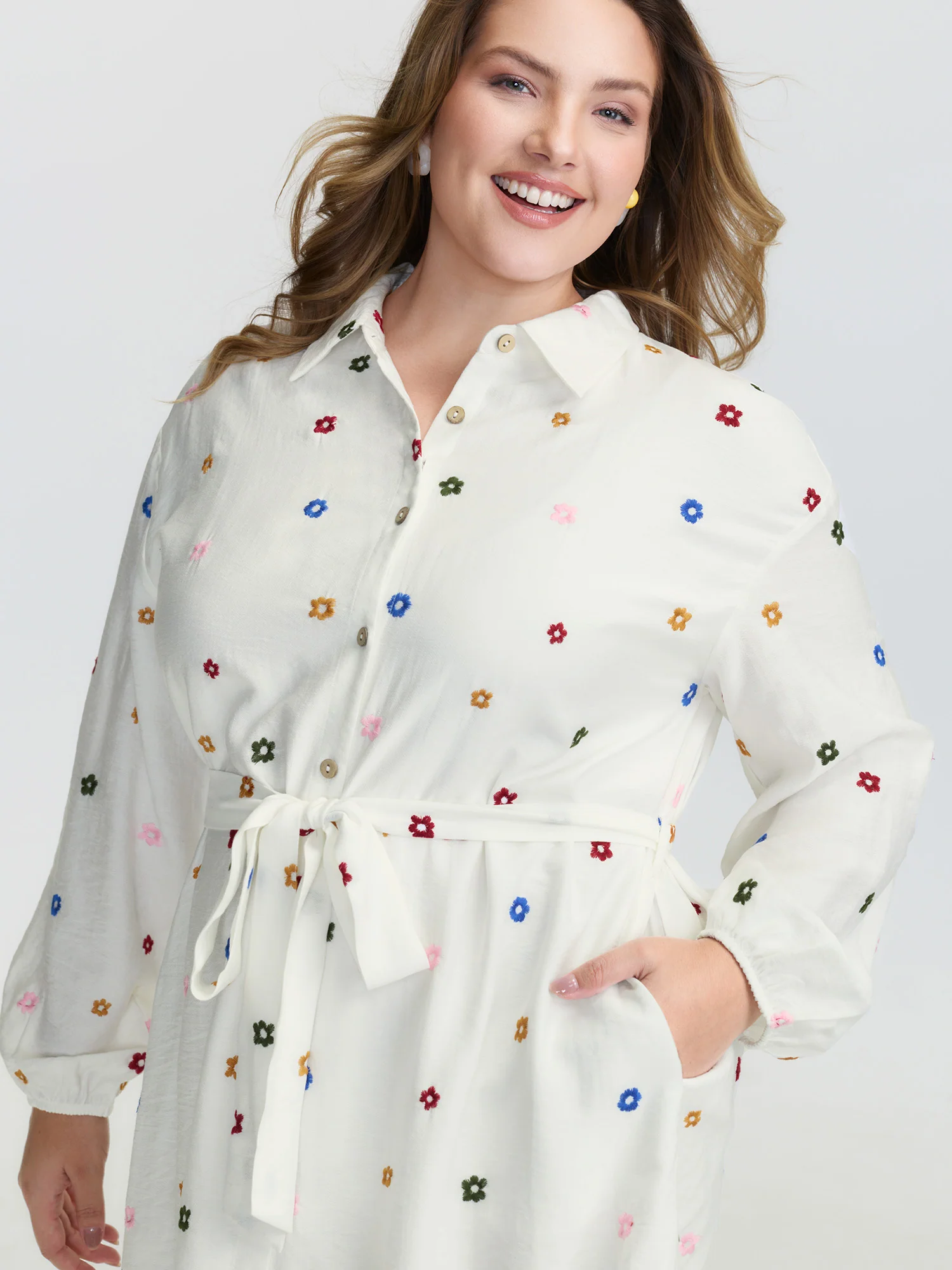 Colorful Floral Embroidery Pockets Midi Dress - Image 2