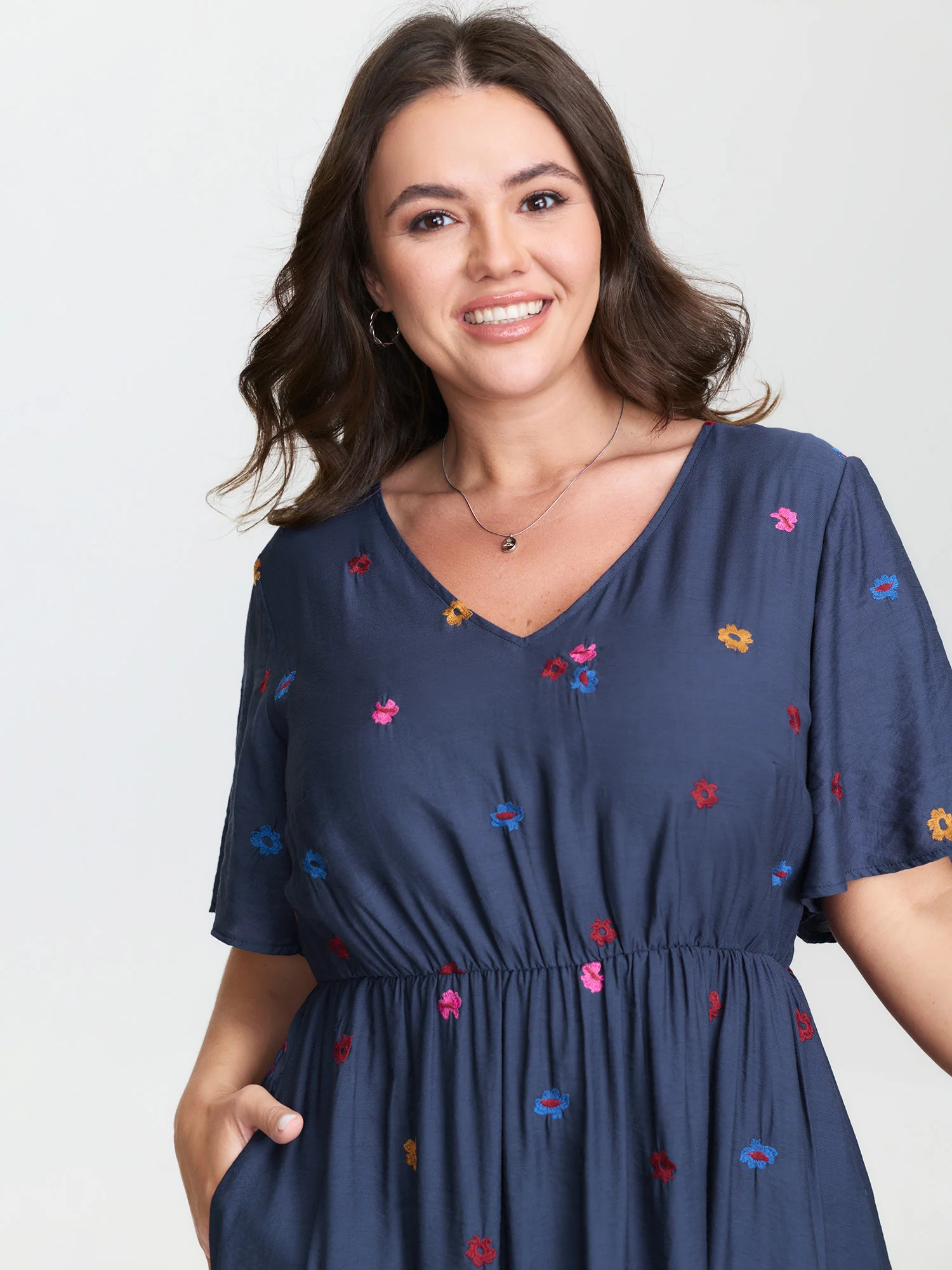 Colorful Floral Embroidery V-Neck Midi Dress - Image 2