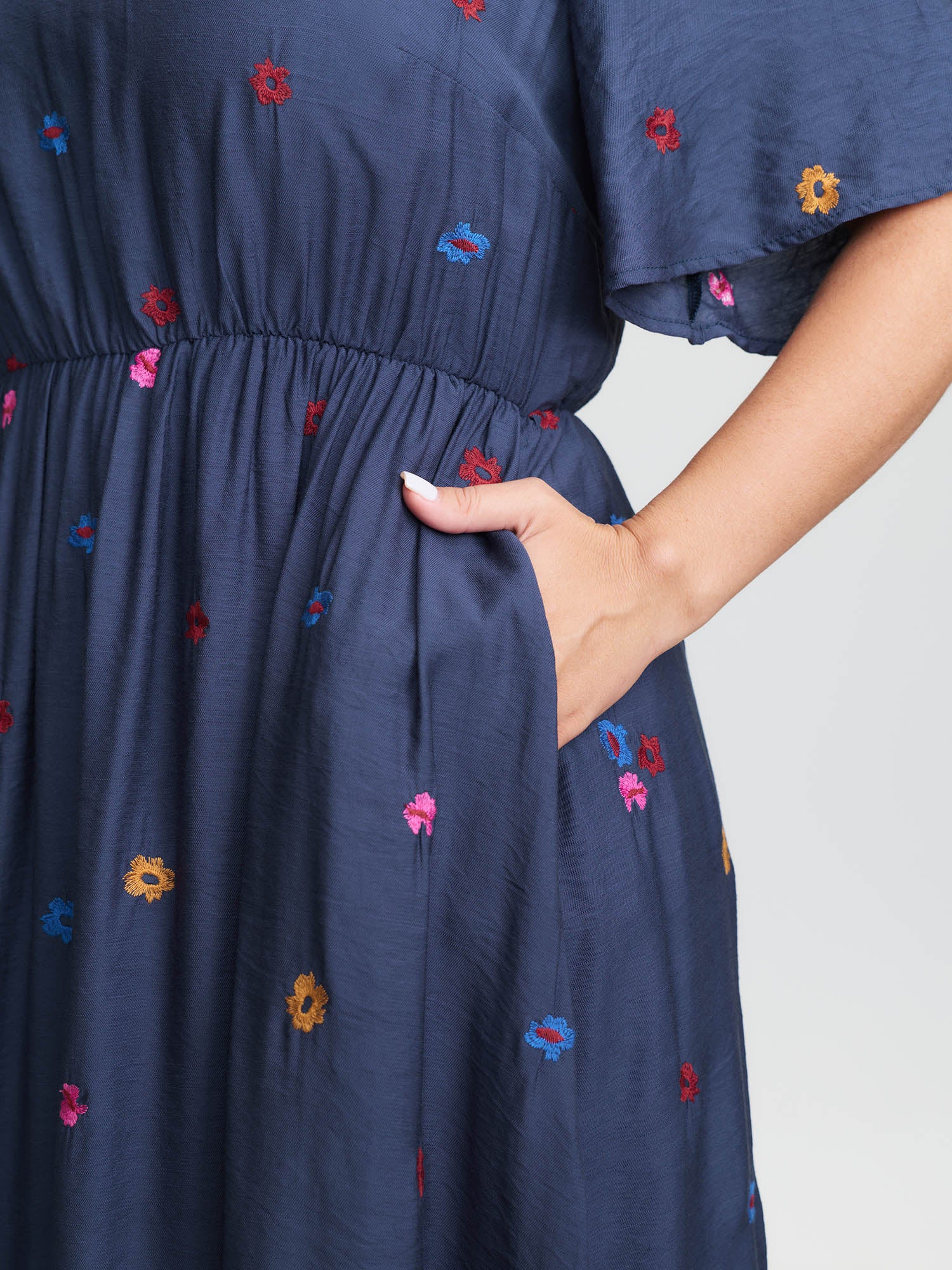 Colorful Floral Embroidery V-Neck Midi Dress - Image 4