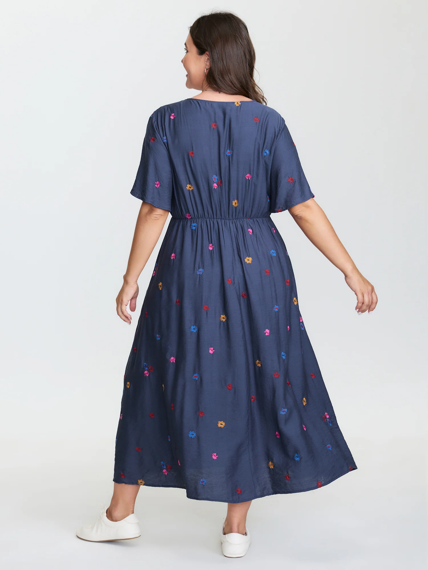 Colorful Floral Embroidery V-Neck Midi Dress - Image 5