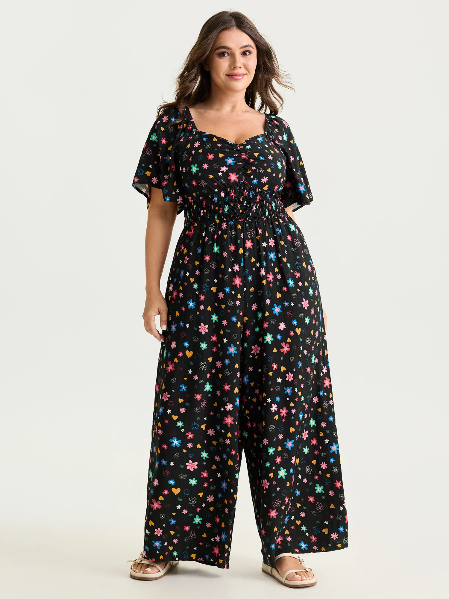 Colorful Floral Heart Print Cinched-Waist Jumpsuit - Image 3