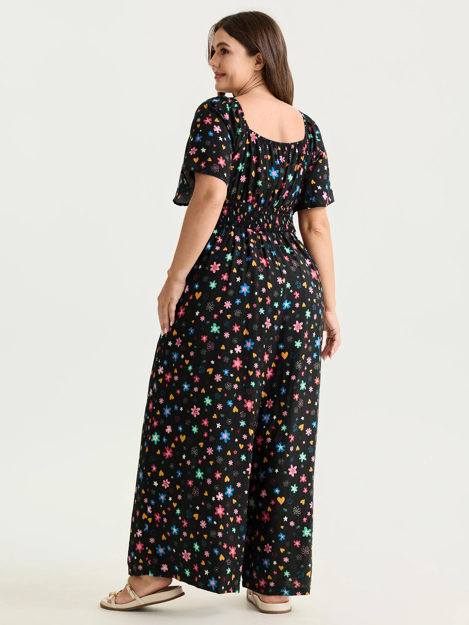 Colorful Floral Heart Print Cinched-Waist Jumpsuit - Image 4