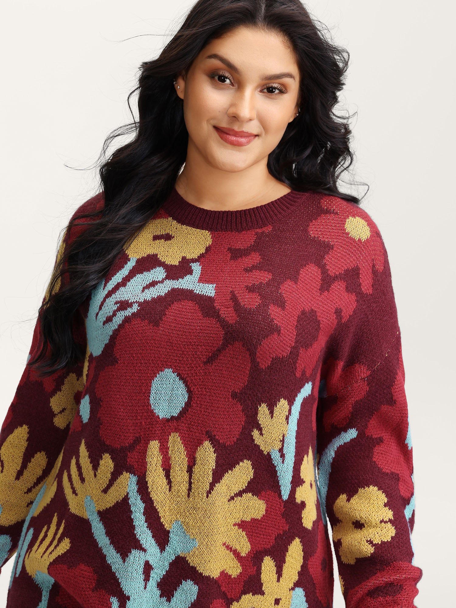 Colorful Floral Jacquard Ribbed Hem Pullover - Image 2