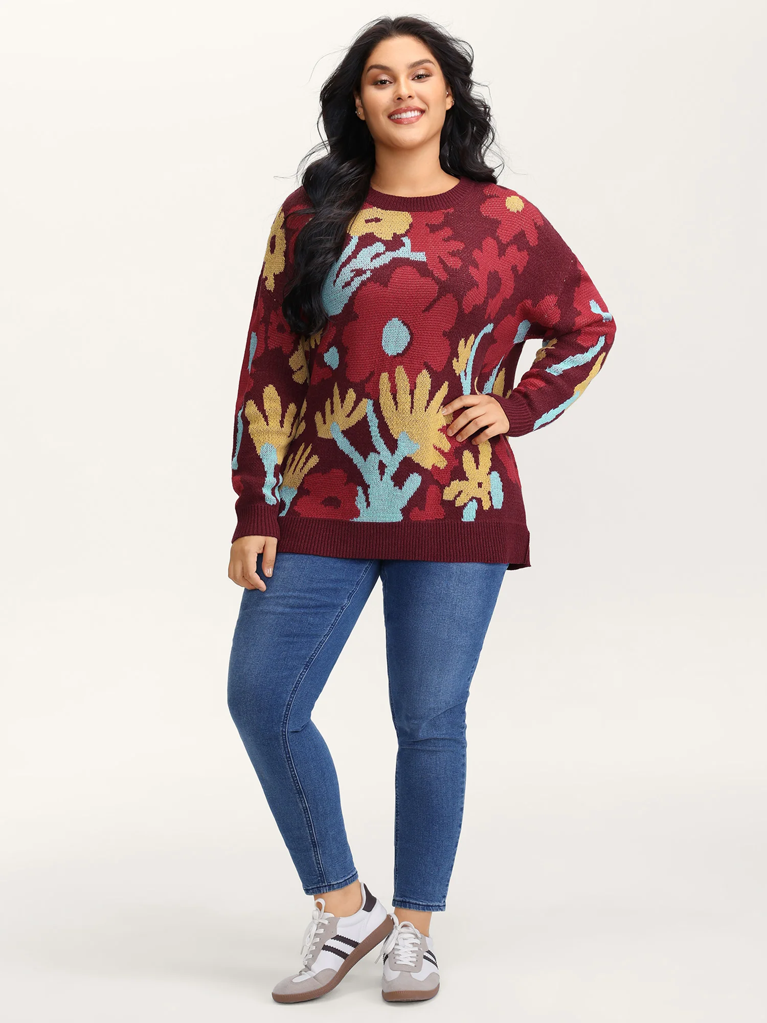 Colorful Floral Jacquard Ribbed Hem Pullover - Image 3