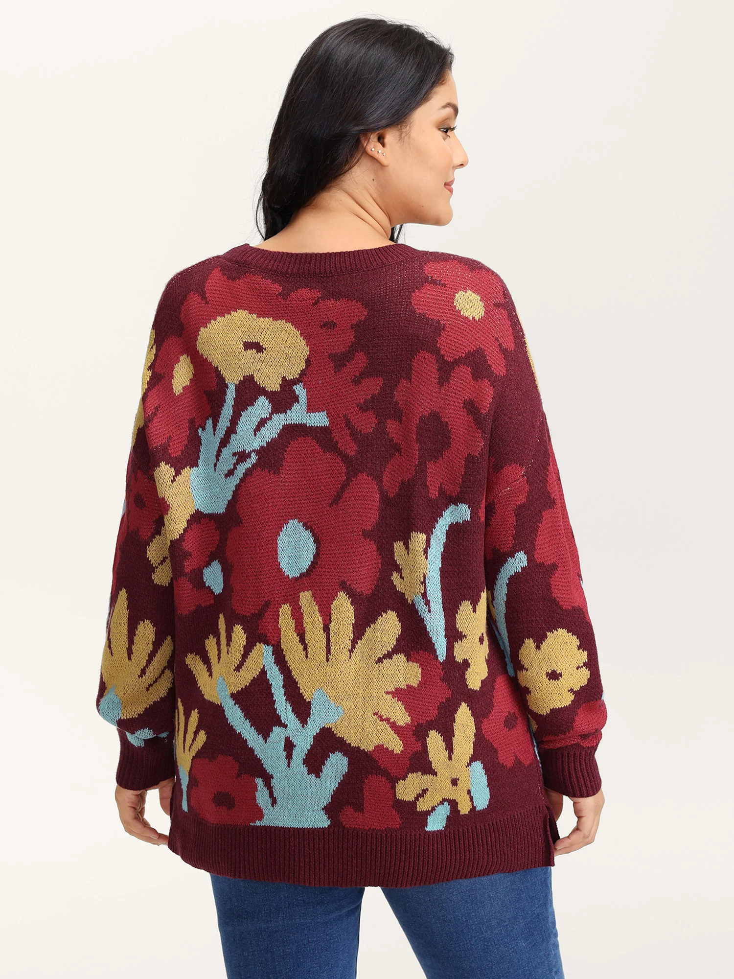 Colorful Floral Jacquard Ribbed Hem Pullover - Image 4