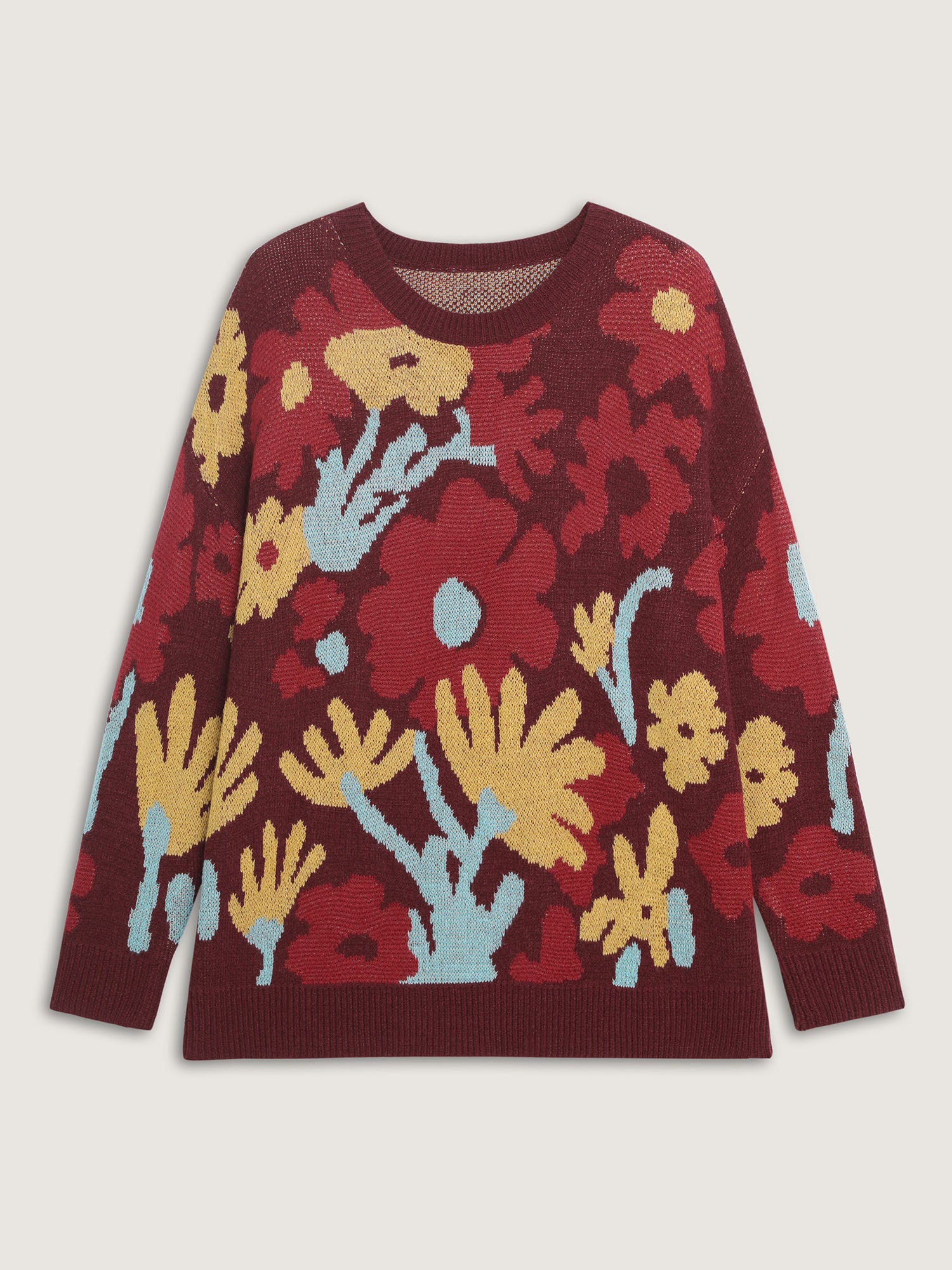 Colorful Floral Jacquard Ribbed Hem Pullover - Image 7