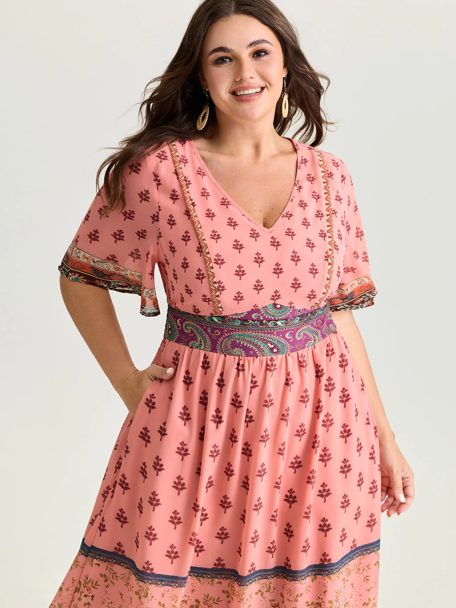 Colorful Floral Paisley Print V-Neck Maxi Dress - Image 2