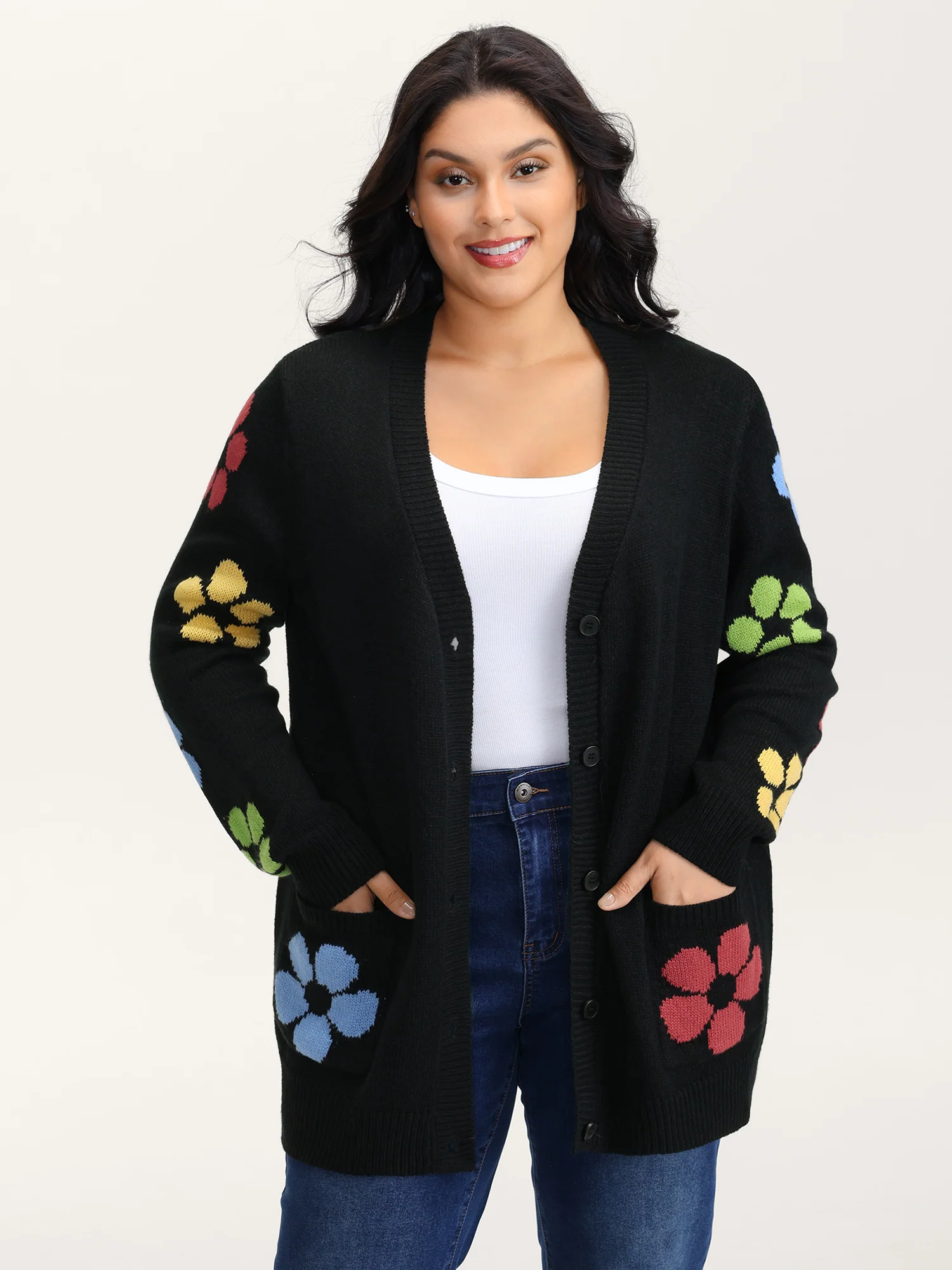 Colorful Floral Pattern Button Knit Cardigan