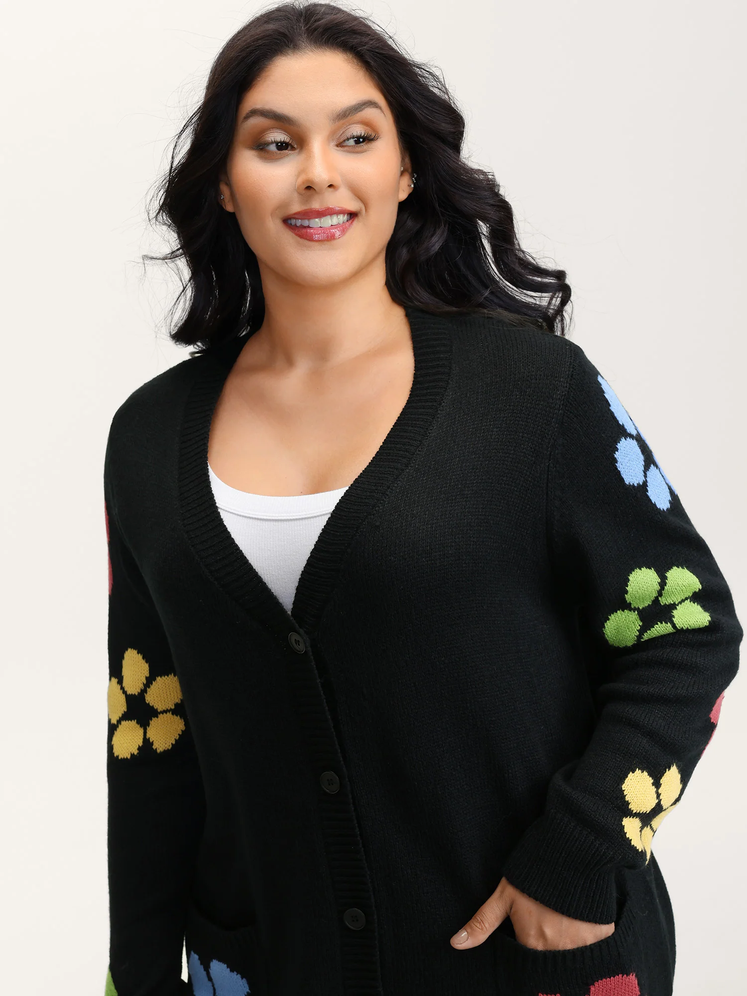 Colorful Floral Pattern Button Knit Cardigan - Image 2