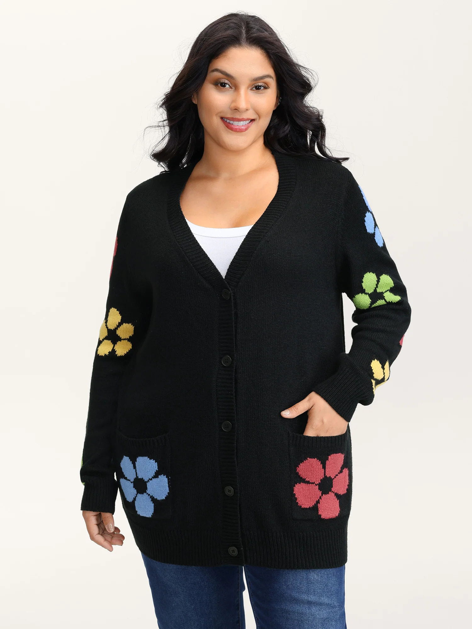 Colorful Floral Pattern Button Knit Cardigan - Image 3
